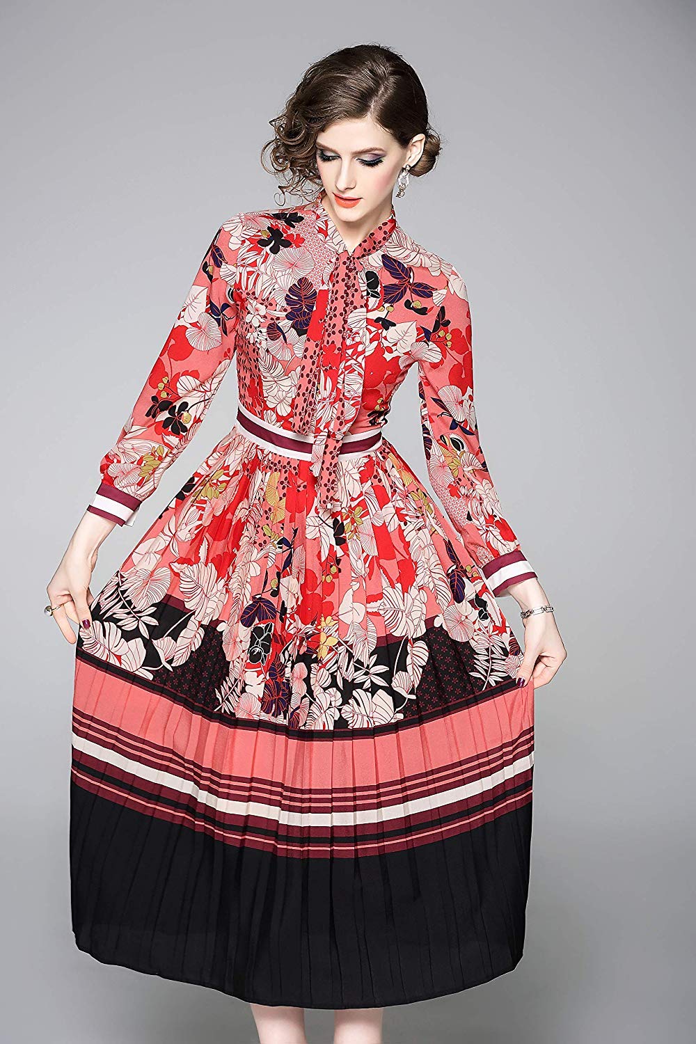Women's A-Line Maxi Dress with Bow Shirt Collar & Long Sleeves - Spring Summer Casual Party Work Dress (Pink Floral Print, Size US8-10/XL) - Perfect for Office, Wedding Guest & Everyday Elegant Outfits