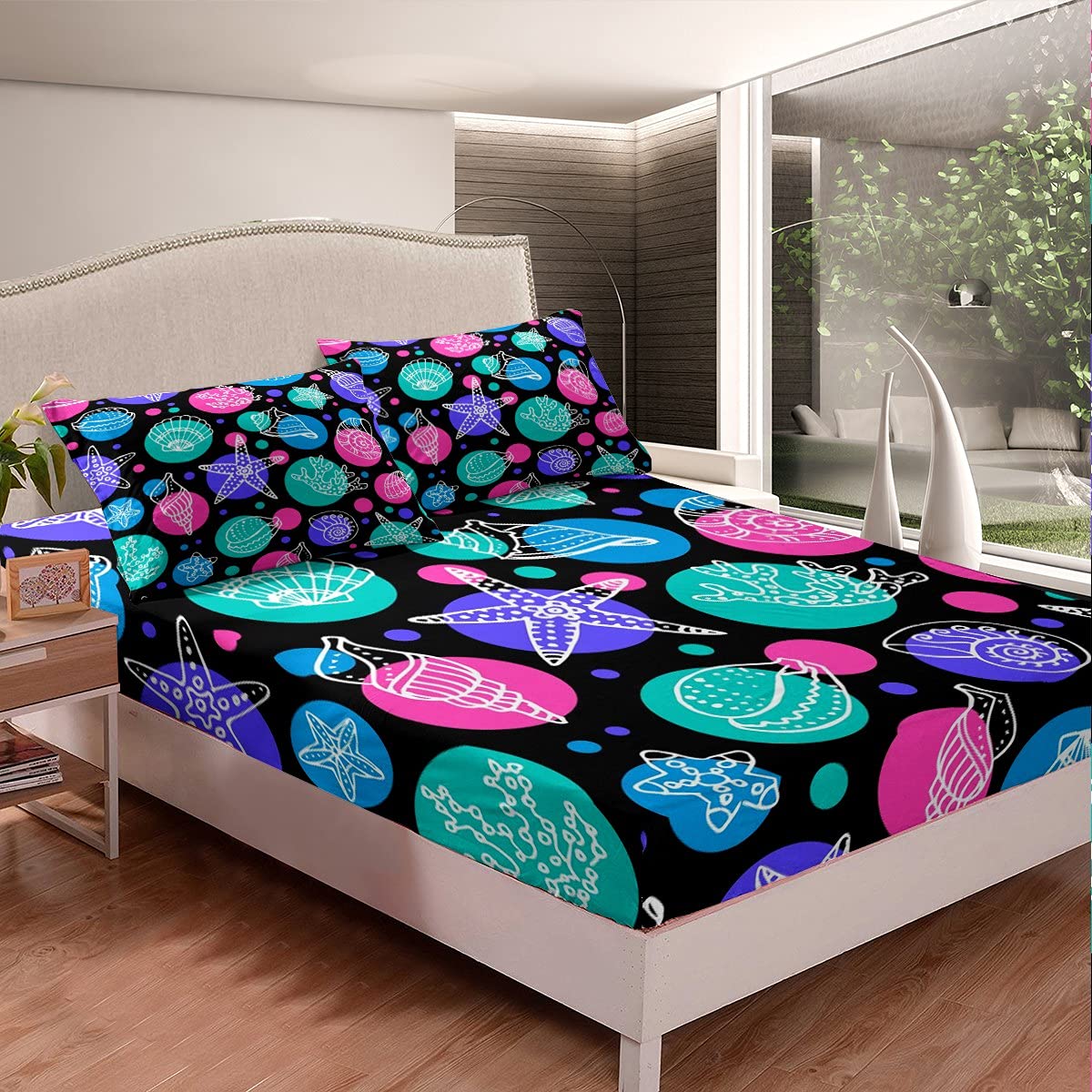 Manfei Underwater Ocean Theme Kids Bedding Set - Twin XL Size Microfiber Fitted Sheet & Pillowcase (2pc) with Starfish & Seashell Design | Perfect for Boys' Room Decor, Beach Themed Bedrooms & Marine Life Lovers