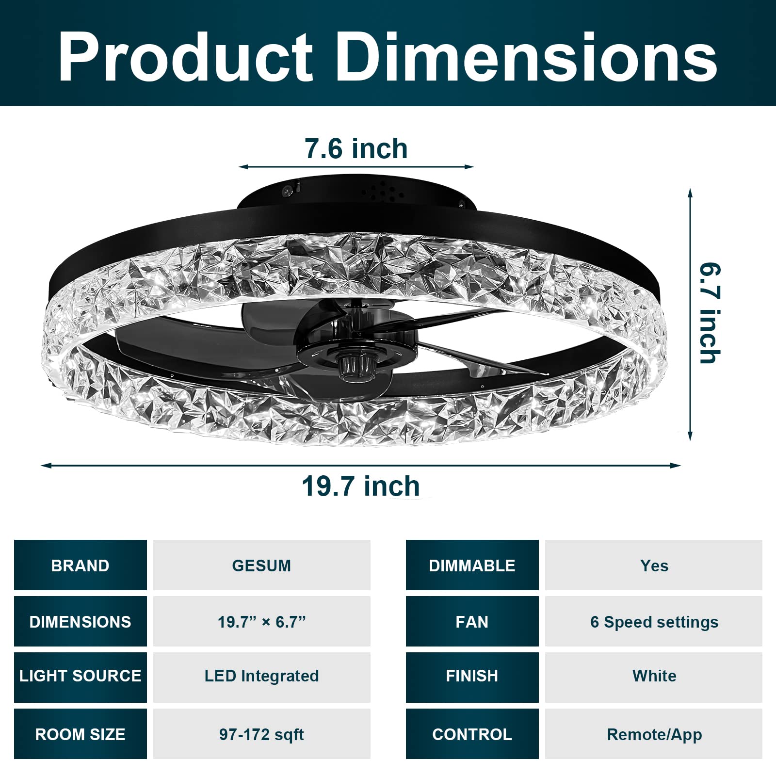 GESUM 19.7 Inch Flush Mount Bladeless Ceiling Fan with Light - Modern Enclosed Design, Remote Control, Dimmable 3 Colors & 6 Speeds - Perfect for Bedroom, Living Room, Kitchen, Office (Black) | Energy-Efficient Cooling & Stylish Lighting Solution