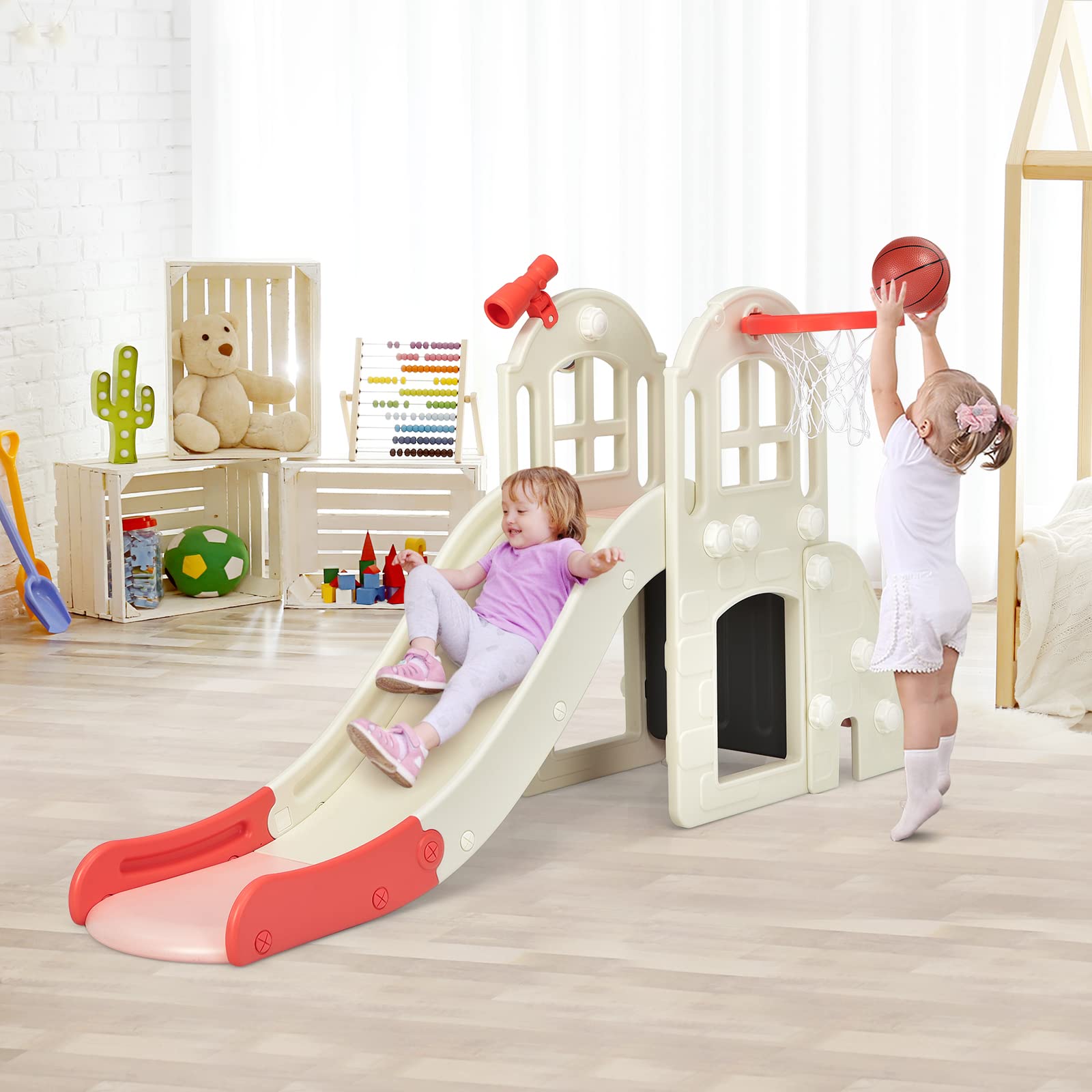 BABY JOY 6-in-1 Toddler Slide & Climber Set with Basketball Hoop & Ring Toss - Convertible Indoor/Outdoor Playground for Boys & Girls Ages 2-5 | Perfect Birthday Gift for Active Kids in Backyard, Playroom or Daycare