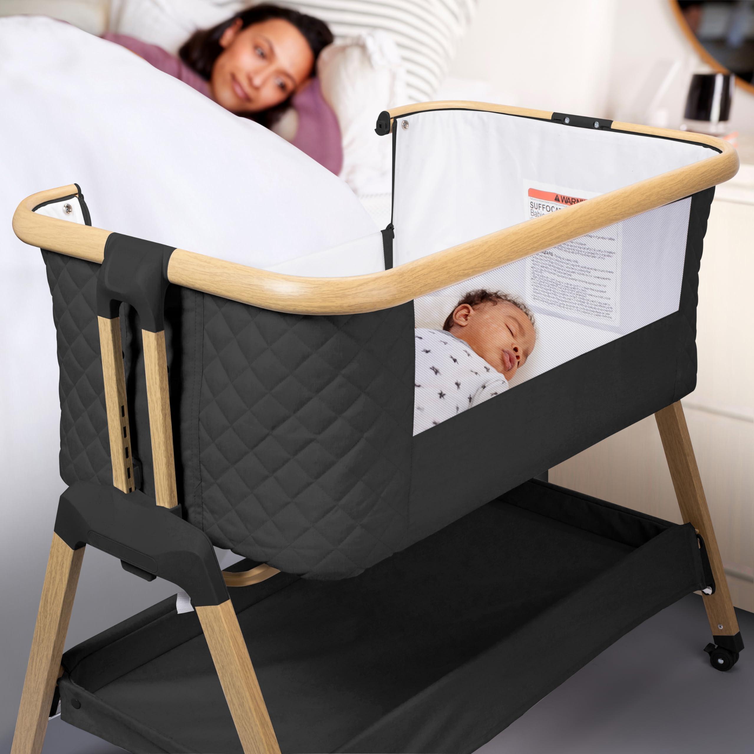 3 in 1 Portable Baby Bassinet with Wheels - Adjustable Bedside Sleeper Crib for Newborns & Infants, 7 Height Settings with Comfort Foam Mattress, Storage Basket & Carry Bag Included - Perfect for Nursery, Bedroom & Travel