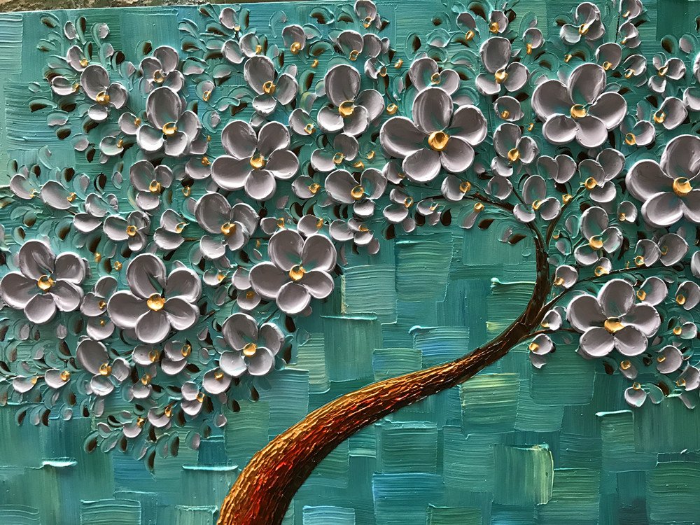 YaSheng Art - 24x60 Inch Large Abstract Floral Oil Painting on Canvas, 3D Texture Palette Knife Art, Silver Flower Tree Wall Decor - Perfect for Living Room, Bedroom & Office Wall Art