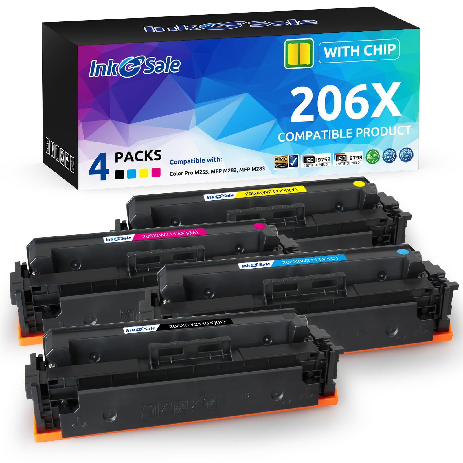 High-Yield Toner Cartridge Set (4 Pack) - Compatible with HP Color Pro MFP M283fdw M283fdn M283cdw M255dw M255nw M282nw M283 M255 Printers - Replacement for M283fdw M255dw with Chip - Perfect for Office & Home Printing Needs