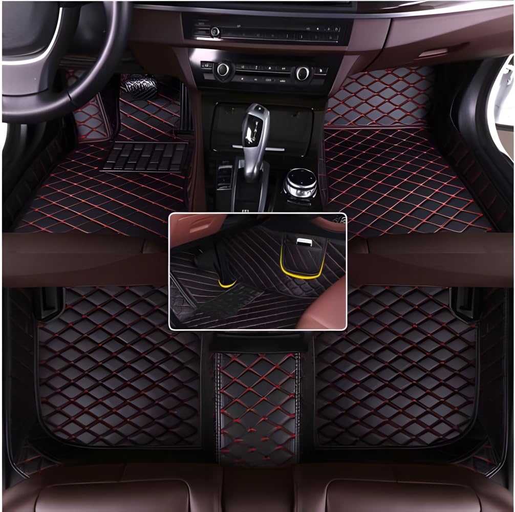 Premium Custom Car Floor Mats for BMW 2 Series Convertible 2014-2021 - Luxury Faux Leather with Phone Pocket, Waterproof & Anti-Slip Design (Black/Red) - Perfect for Road Trips, Daily Commutes & Car Protection