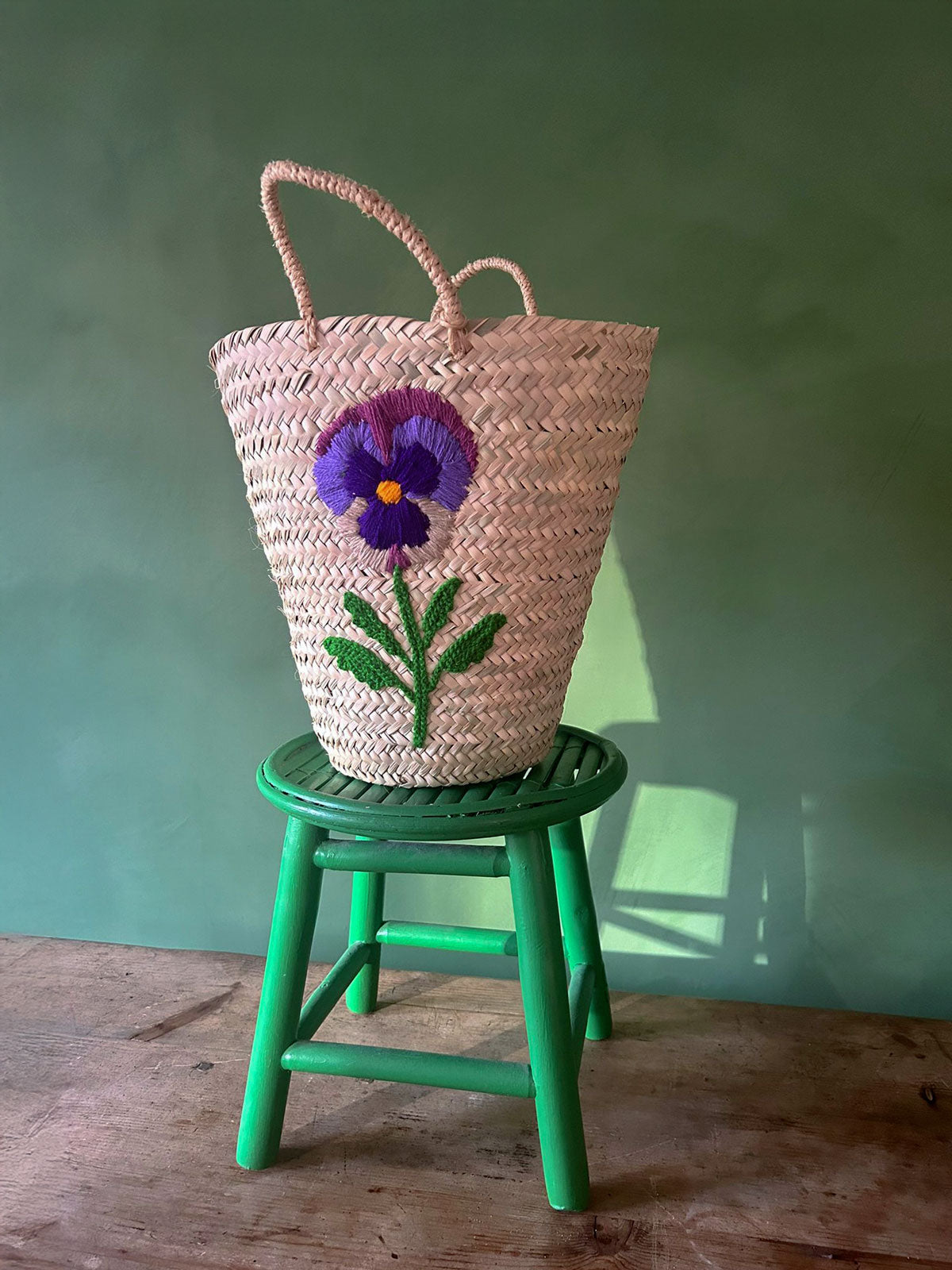 Hand Embroidered Pansy Flower Basket - Boho Home Decor Storage Organizer for Living Room, Bedroom & Bathroom - Perfect for Blankets, Towels & Magazines