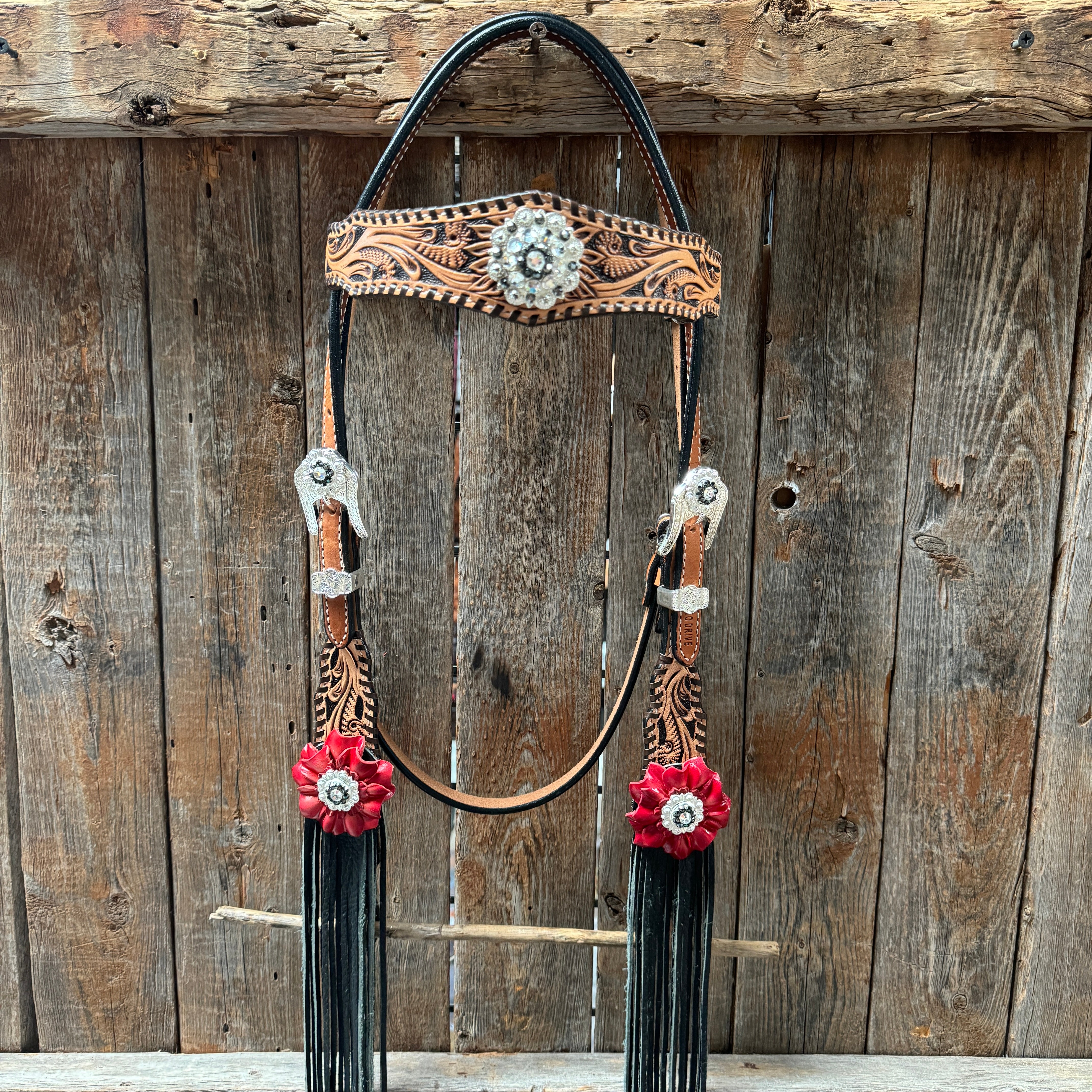 Floral Whipstitch Black and Red Browband with One Ear Triangle & Gladiator Breastcollar Tack Set #BBBC642 for Equestrian Show & Dressage Riding