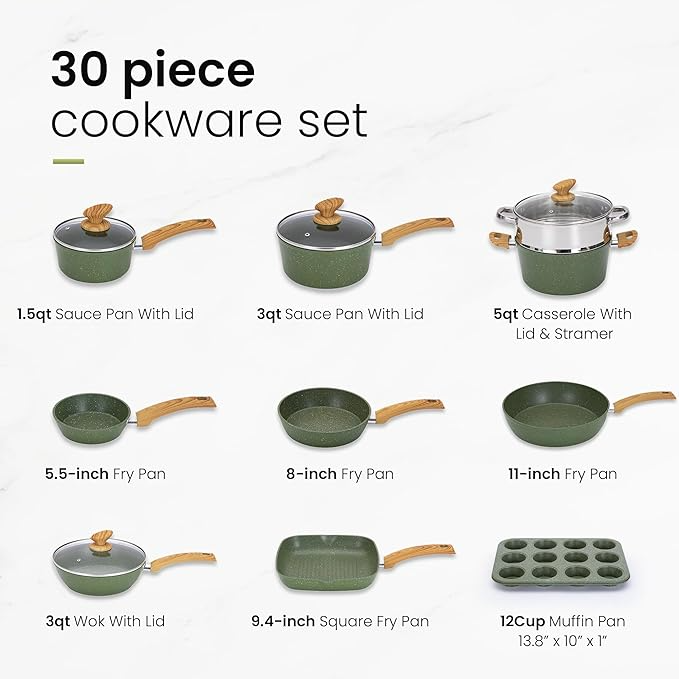 Kitchen Academy Ultimate 30-Piece Granite Coating Nonstick Induction Cookware Set - Durable Pots & Pans for Gas, Electric & Induction Stoves - Perfect for Family Dinners, Meal Prep & Home Cooking