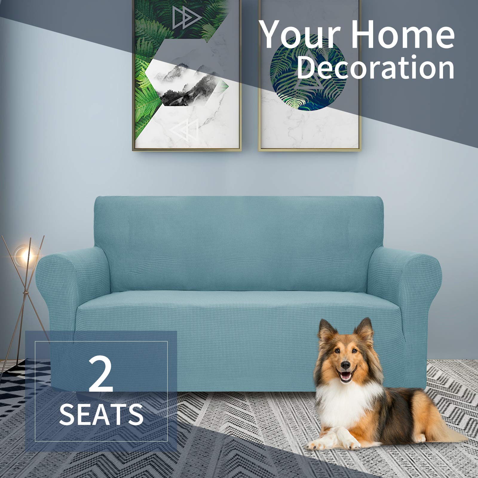 JIVINER Stretch Jacquard 2-Cushion Loveseat Slipcover - Anti-Slip Sofa Cover Protector for Pets & Kids, Light Blue - Perfect for Living Room, Family Room & Pet-Friendly Homes