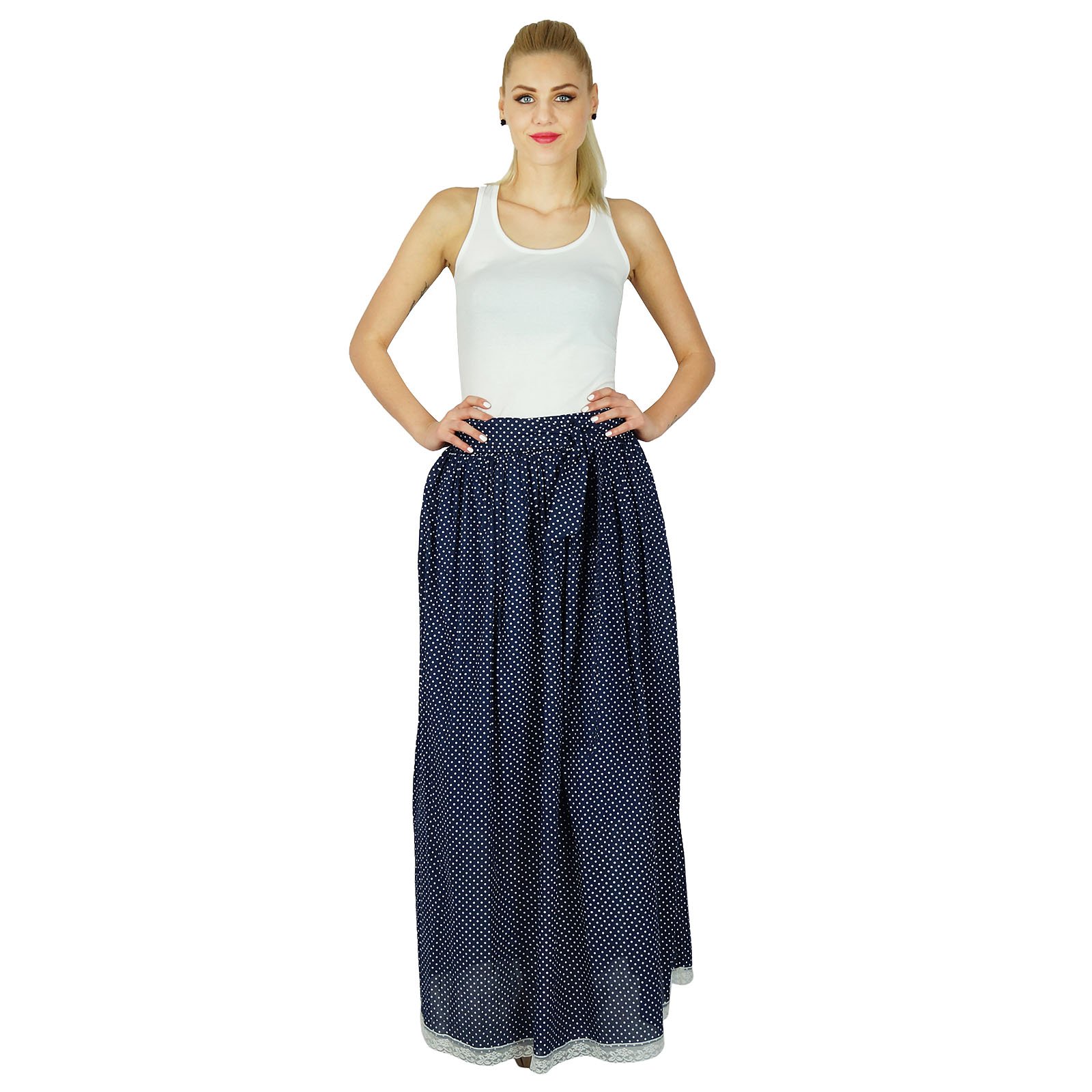 Bimba Women's Long Flared Cotton Tulip Maxi Skirt with Lace Trim - Boho Gypsy Style Blue Midi Dress for Beach, Vacation & Summer Outfits