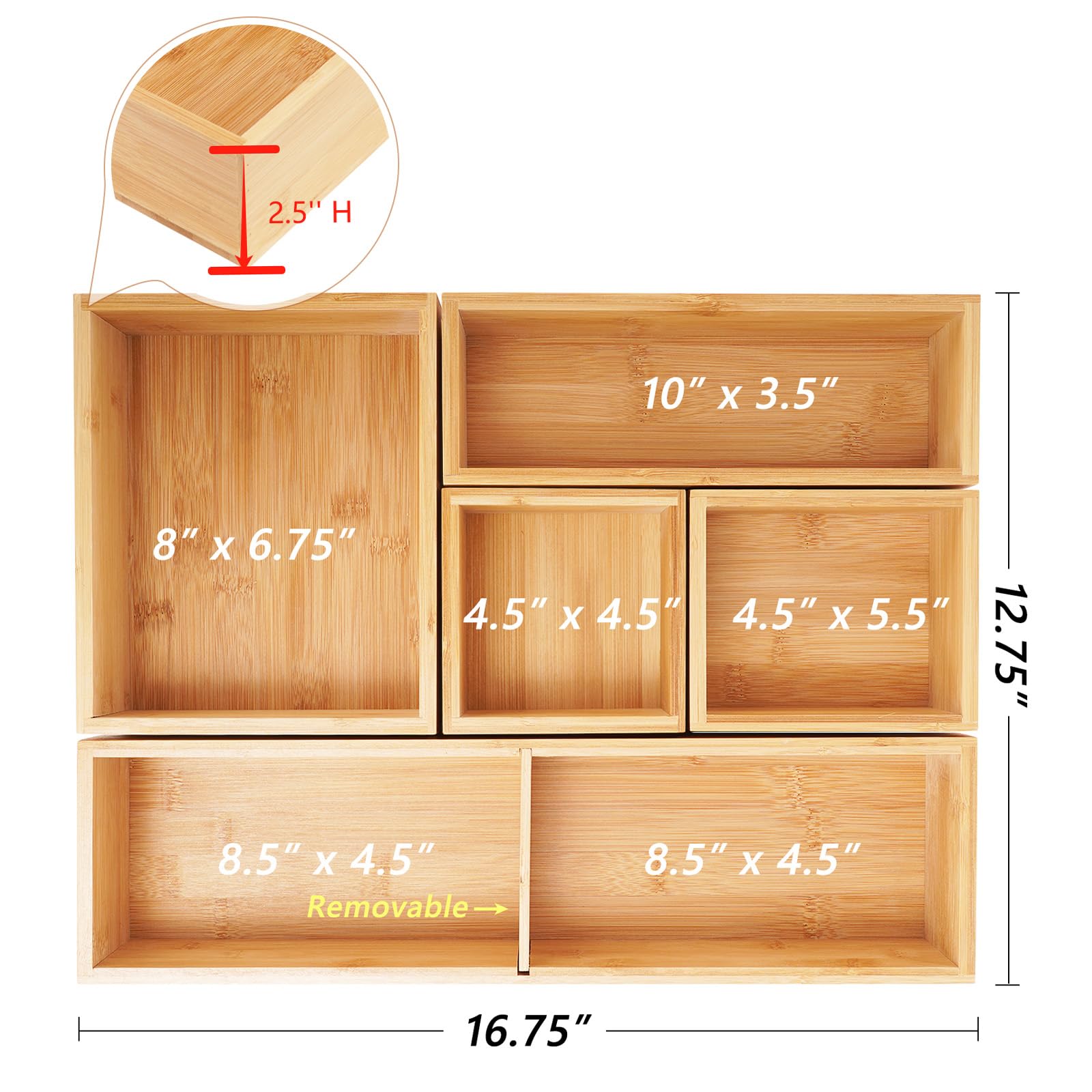 Fabsome 5-Piece Bamboo Drawer Organizer Set - Storage Containers for Makeup, Kitchen Utensils & Office Supplies | Perfect for Vanity, Dresser, Pantry & Garage Organization