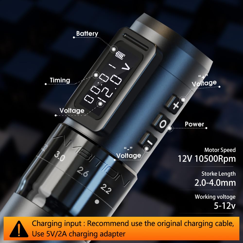 Ambition MARS-U Wireless Tattoo Machine - Adjustable Stroke Rotary Cartridge Pen with 1800mAh Power Coreless Motor & LED Display | Professional Tattoo Equipment for Artists | Perfect for Studio Work, Body Art & Permanent Makeup