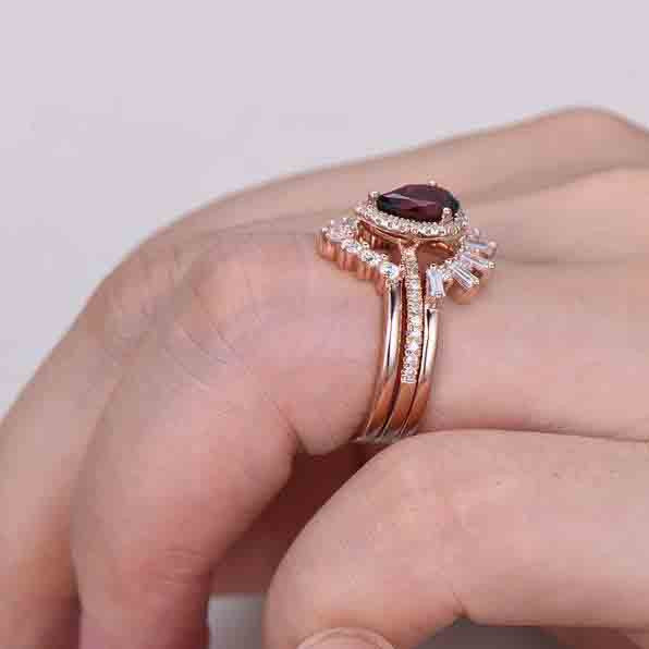 3Pcs Pear Garnet Vintage Engagement Ring Wedding Set - 1.2 Carat Diamond Band for Women, Bridal Jewelry, Anniversary Gift, Proposal & Special Occasions