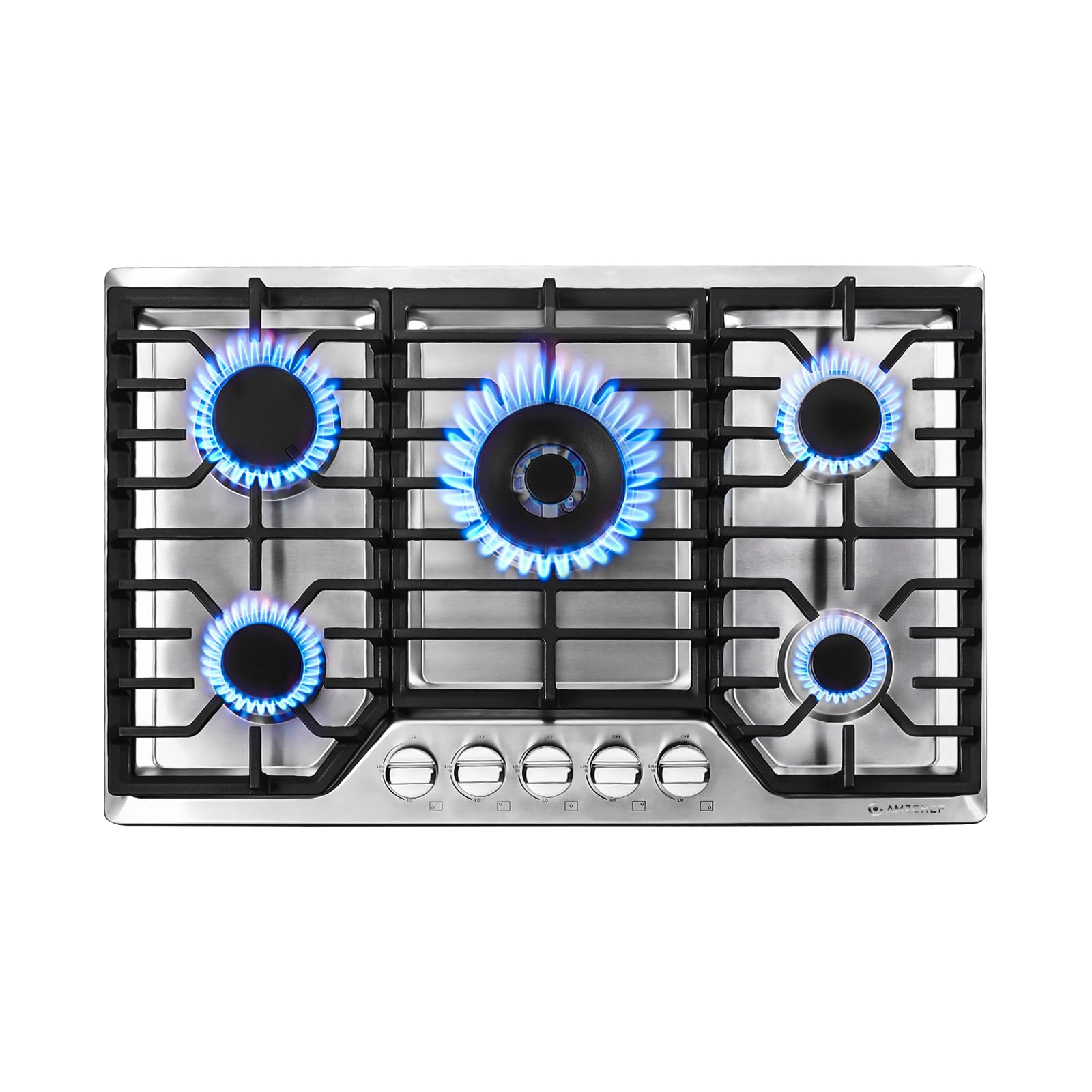 AMZCHEF 30 Inch 5-Burner Built-In Gas Cooktop - 48,300 BTU/hr, Italian SABAF Burners, 304 Stainless Steel, NG/LPG Convertible, ETL Certified - Perfect for Home Kitchens & Professional Cooking