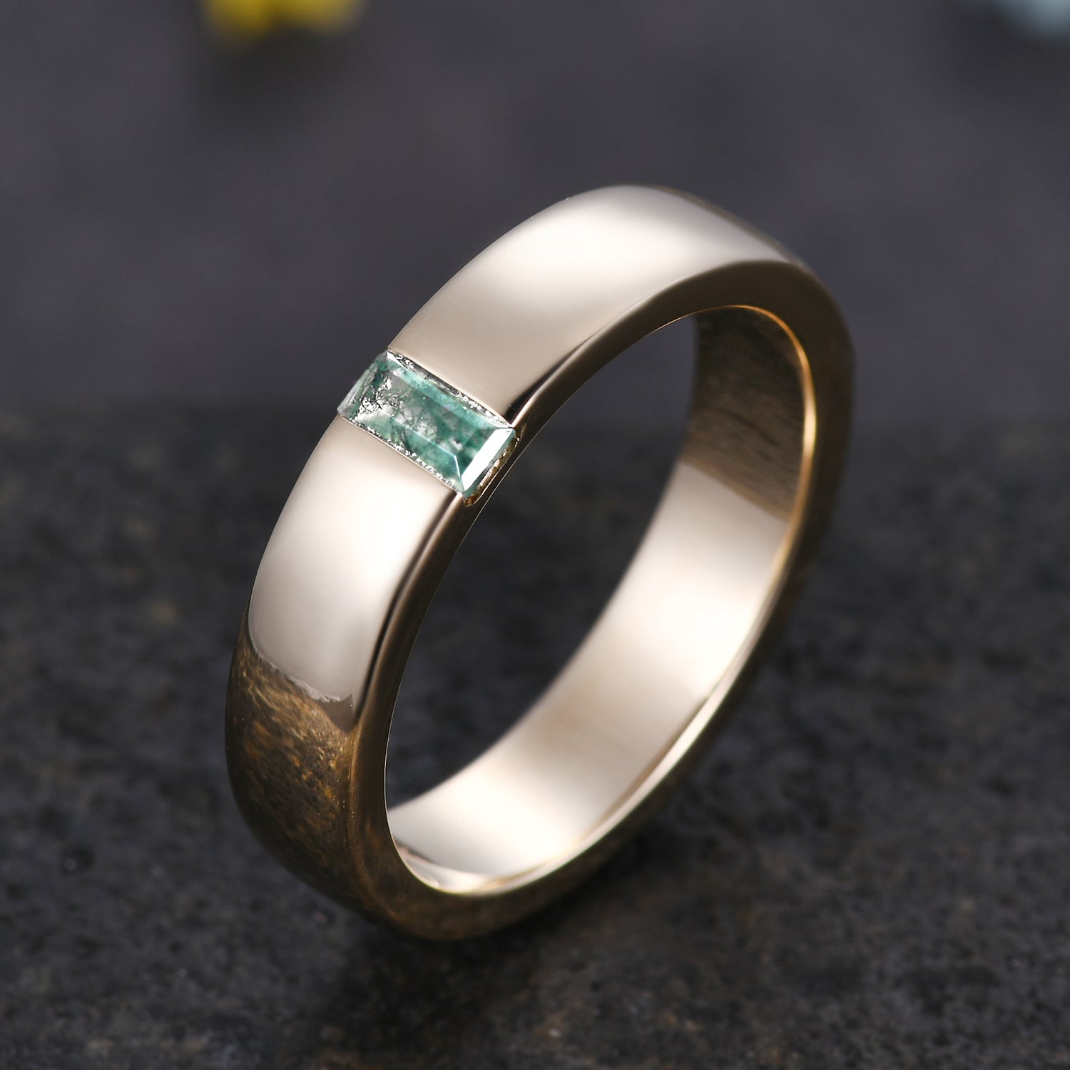 Unique 5mm Baguette Moss Agate Men's Yellow Gold Wedding Band - Perfect for Engagement Rings, Anniversary Gifts & Luxury Jewelry Collections