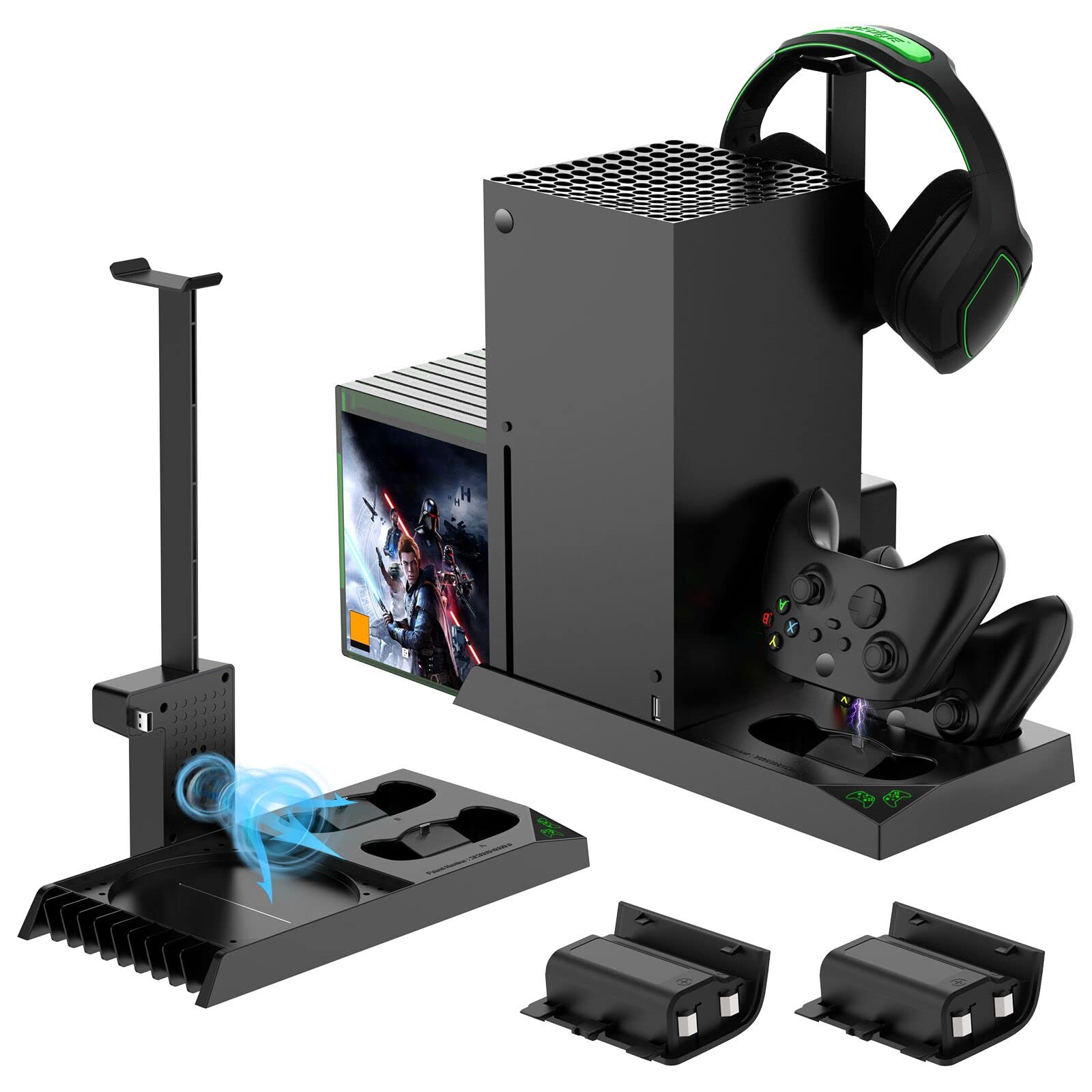 FASTSNAIL Vertical Stand Cooling Fan for Xbox Series X/S - 2 Pack 1400mAh Rechargeable Batteries & Charging Station with Game Storage & Headset Holder - Perfect for Gaming Sessions & Controller Organization (Not Compatible with Xbox One S/X)