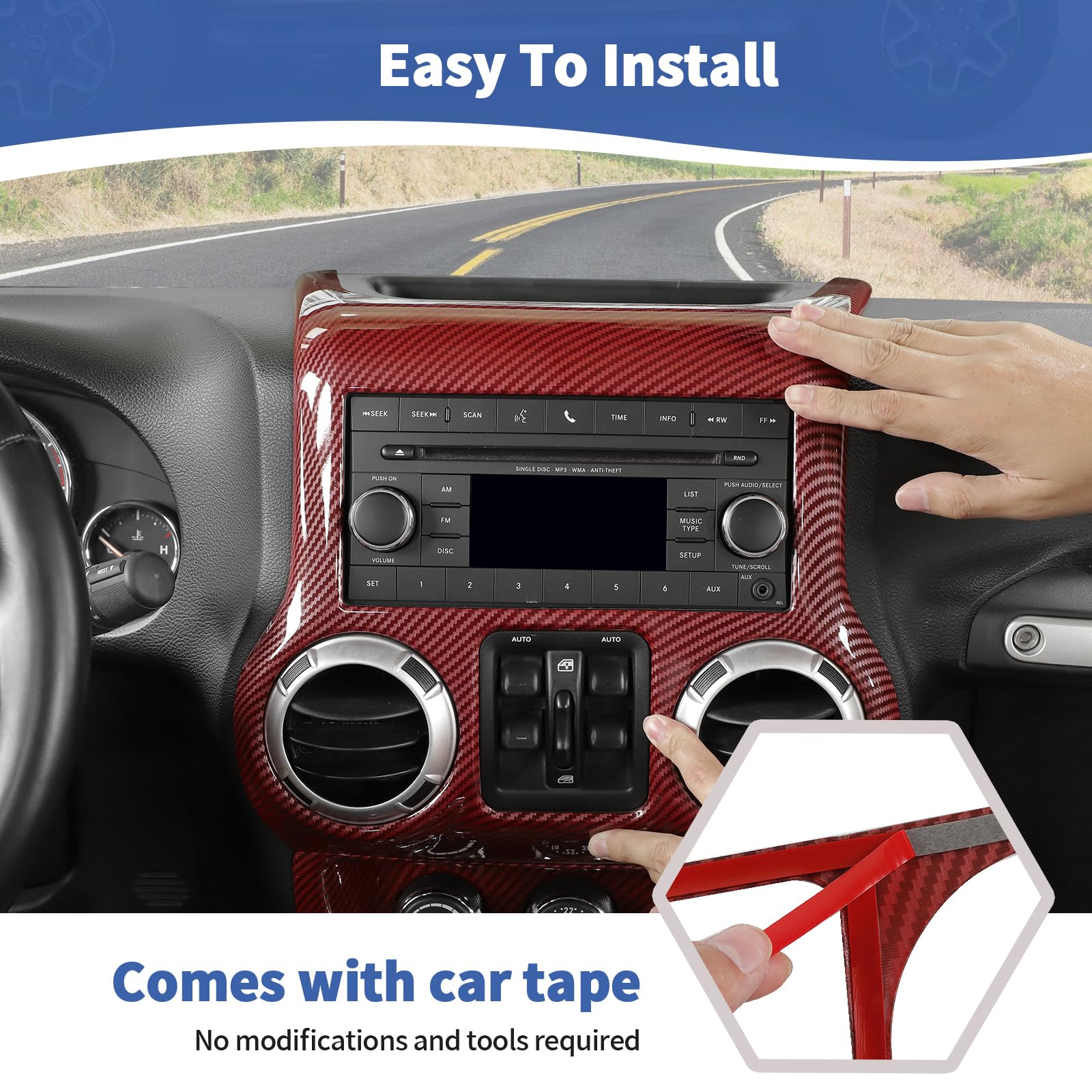Jeep Wrangler JK JKU 2011-2017 Center Console Dashboard Cover Trim - Red Carbon Fiber Interior Accessories ABS | Upgrade Your Jeep Interior for Off-Road Adventures & Daily Driving