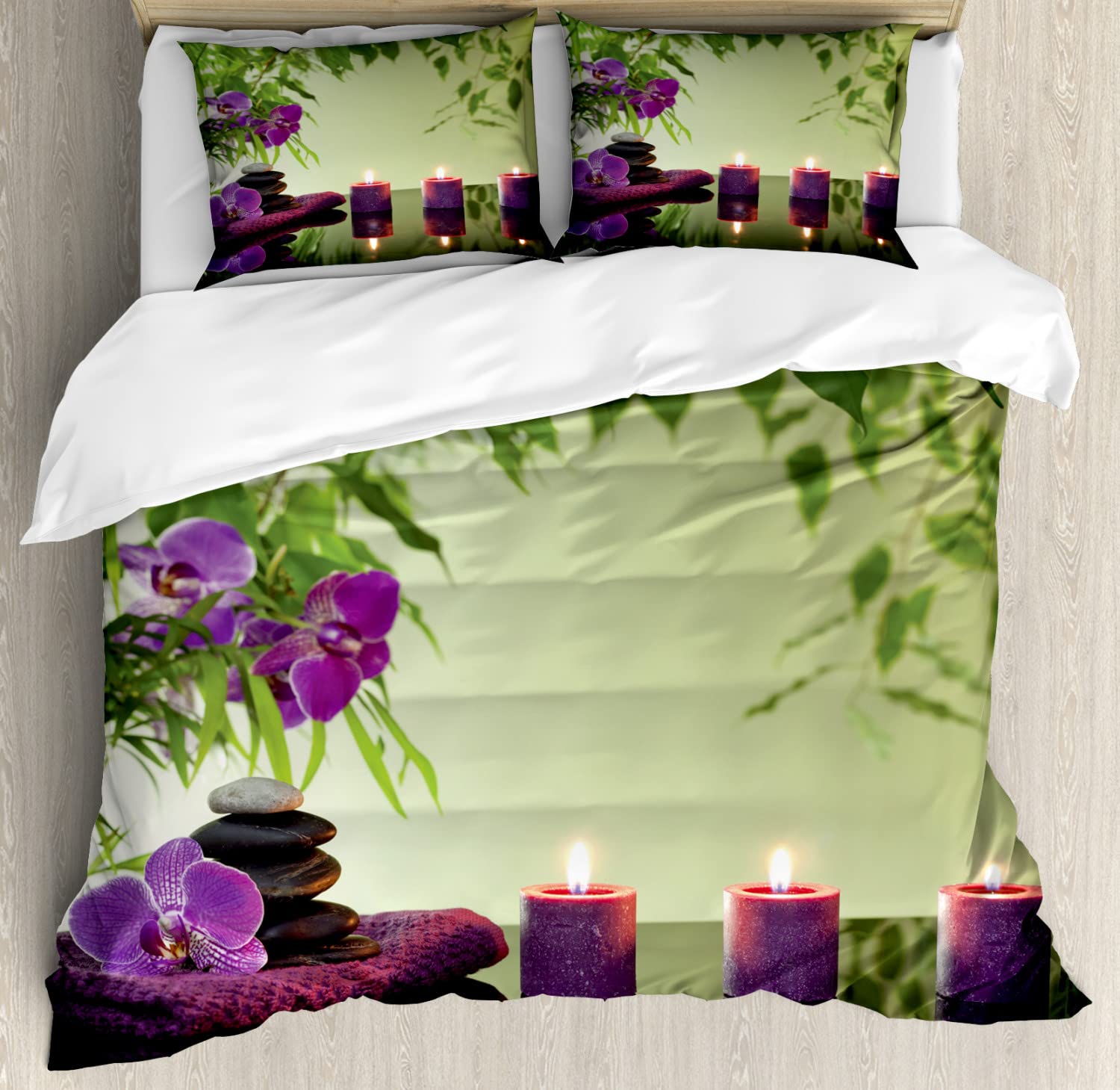 Ambesonne Spa Duvet Cover Set - 2 Pack California King Size, Pale Green & Fern Green Design with 4 Pillowcases | Luxury Bedding for Relaxation & Aromatherapy | Perfect for Spa Nights, Vacation Homes & Stress Relief