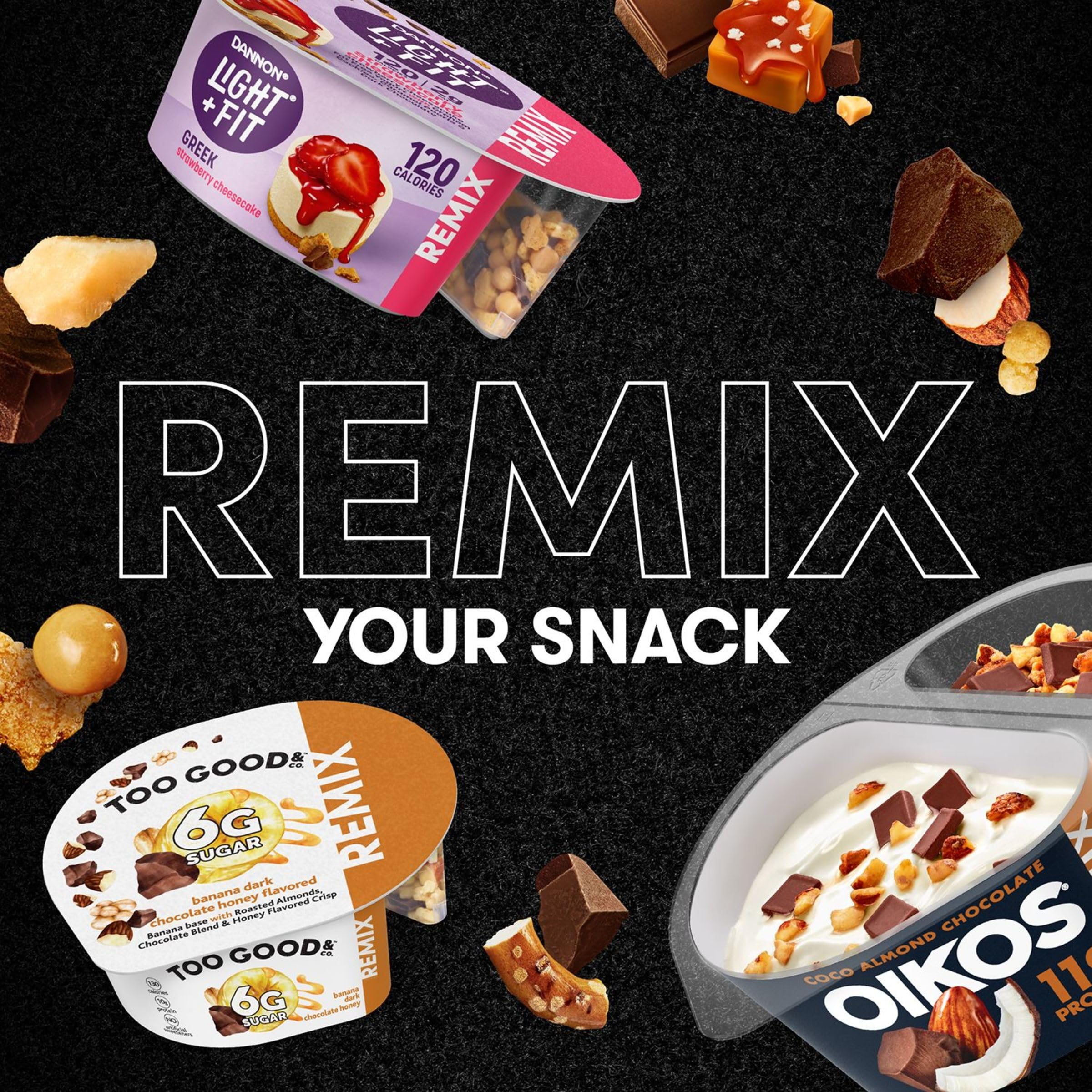 Light + Fit Nonfat Greek Yogurt with Strawberry Cheesecake Flavor, Graham Cookies, Caramel Pearls & Dark Chocolate Mix-Ins - 4.5oz Cups | High-Protein Snack for Breakfast, Office or Post-Workout