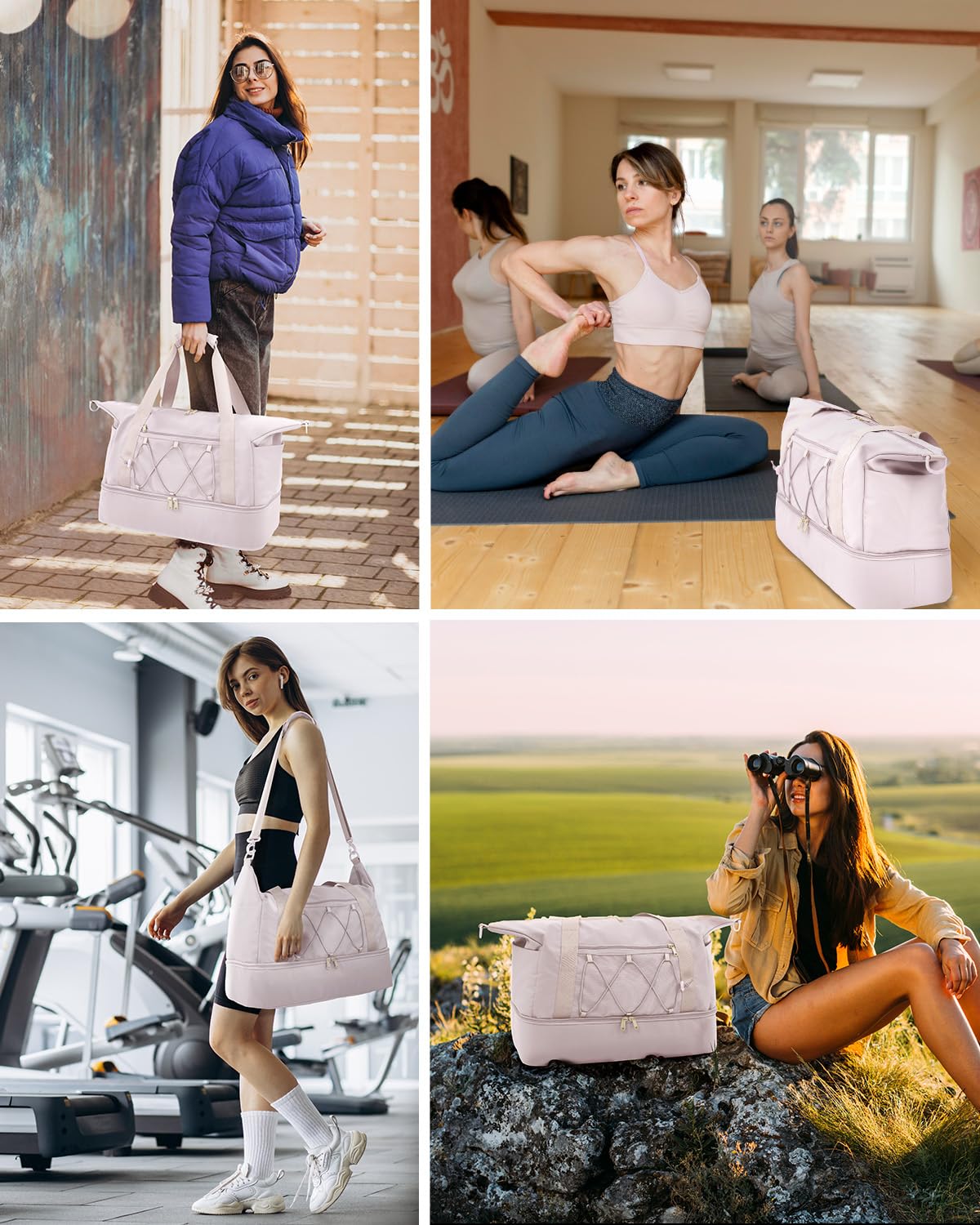 Sportsnew Women's Large Gym Travel Duffel Bag with Shoe Compartment & Wet Pocket - Water Resistant Weekender Overnight Carry On Sports Tote - Beige (Patent Pending) - Perfect for Gym, Travel, Sports & Weekend Getaways