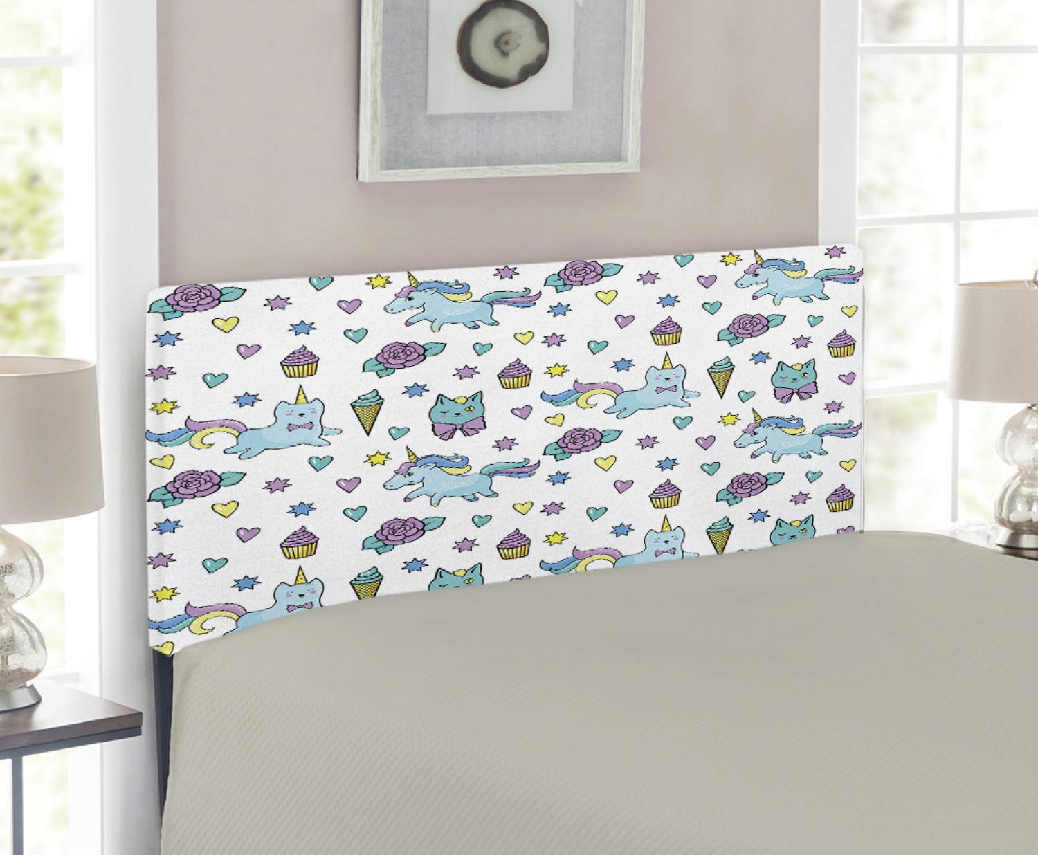 Ambesonne Unicorn Cat Headboard for Girls - Twin Size Upholstered Decorative Metal Bed Headboard with Memory Foam | Hearts, Stars, Flowers & Ice Cream Pattern in Pale Blue Lavender | Perfect for Kids' Bedroom, Nursery or Playroom Decor