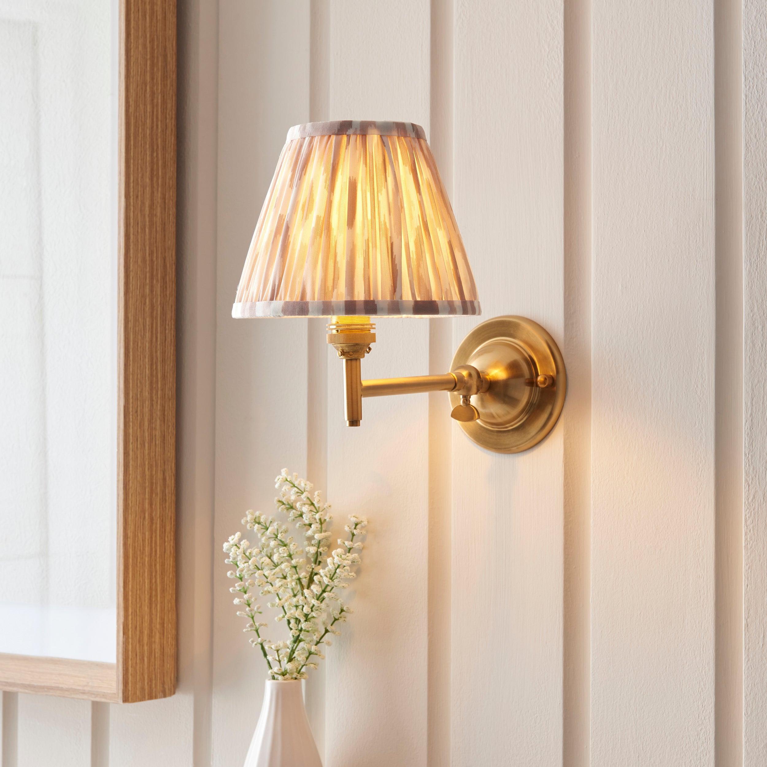 Dome Fold Brass Wall Light with Ikat 16cm Neutral Shade - Vintage Style Sconce for Bedroom, Living Room & Hallway Lighting