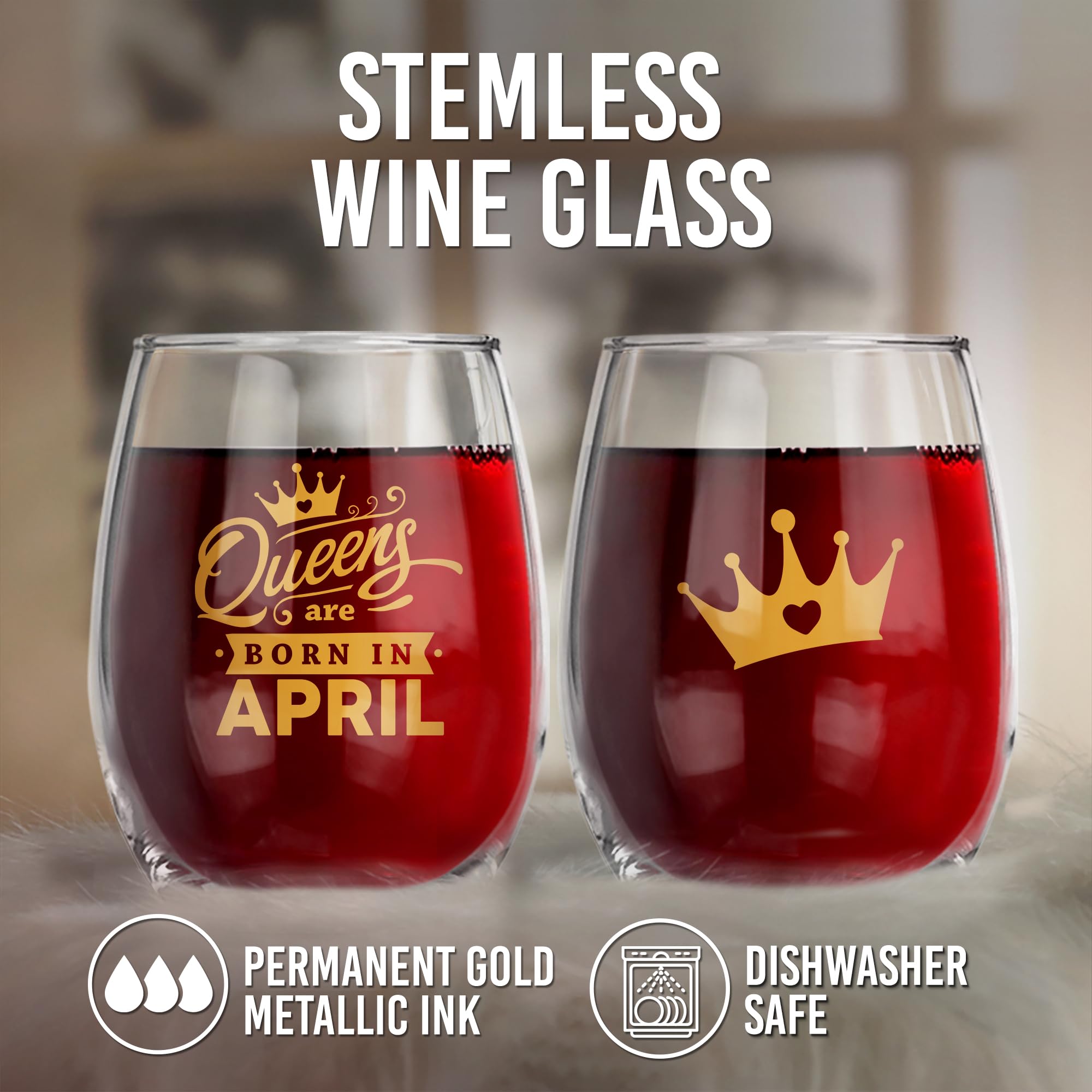 BAD BANANAS Queens Are Born In April - 21 oz Stemless Wine Glass - Zodiac Birthday Gifts for Aries & Taurus Women - Elegant Birthday Present for Mom, Best Friend, Sister & Wife - Perfect for Wine Nights, Birthday Parties & Home Decor