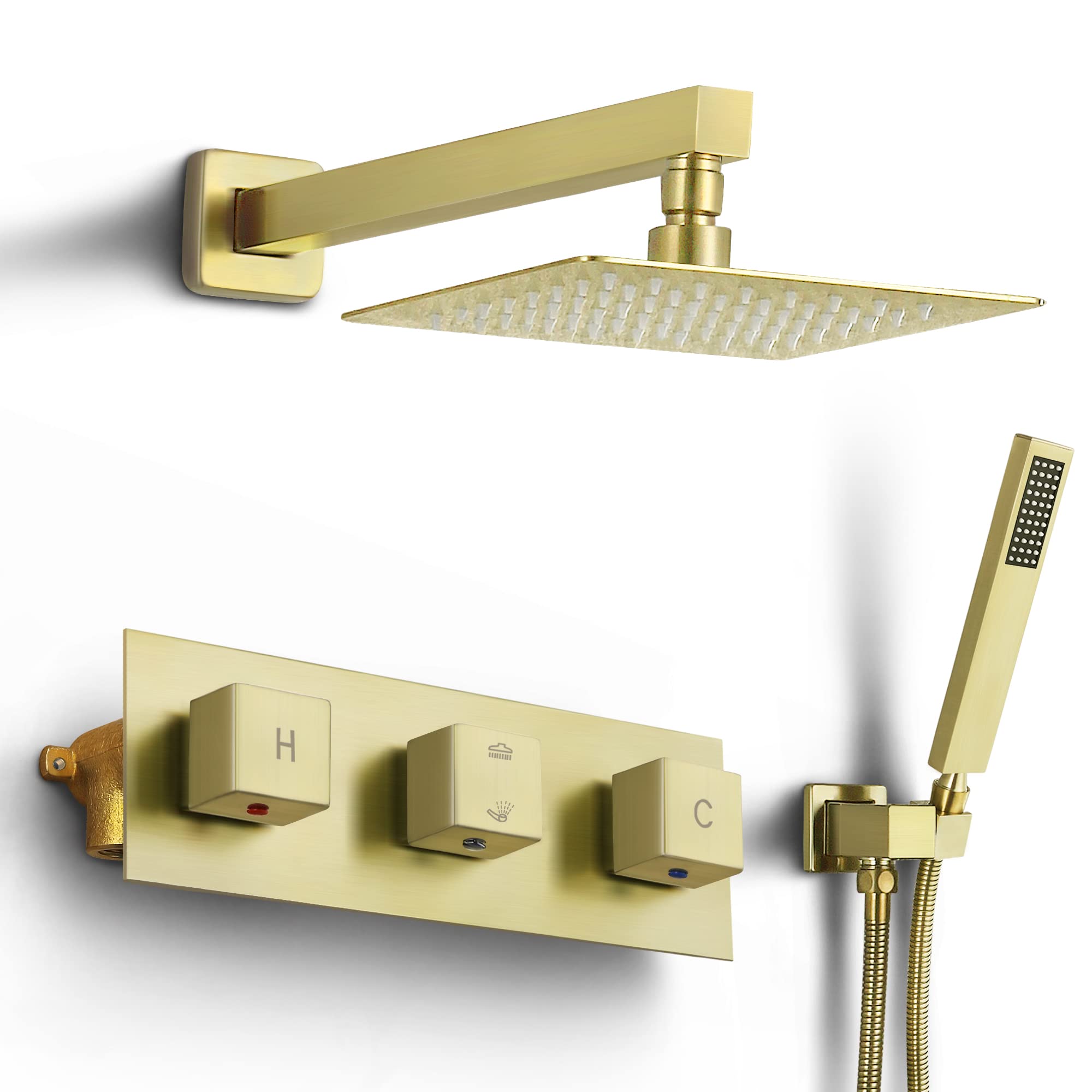 SKOWLL 8 Inch Rainfall Shower System - Brushed Gold Wall Mounted Shower Head with Pressure Balancing Mixer Valve | Solid Brass Construction | Perfect for Luxurious Spa-Like Bathroom Experience