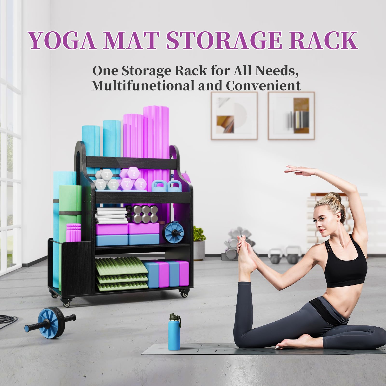 Dumbbell Weight Rack with Wheels & Hooks - All-in-One Home Gym Storage Organizer for Dumbbells, Yoga Mats, Foam Rollers - Space-Saving Workout Equipment for Home Exercise & Yoga Studio (Wooden)
