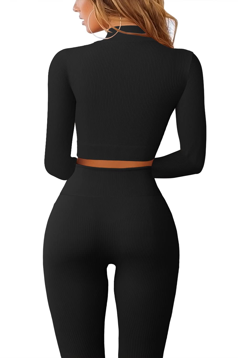 QINSEN Women's 2-Piece Seamless Workout Set - Long Sleeve Crop Top & Ribbed High Waist Leggings | Yoga, Gym & Running Outfit