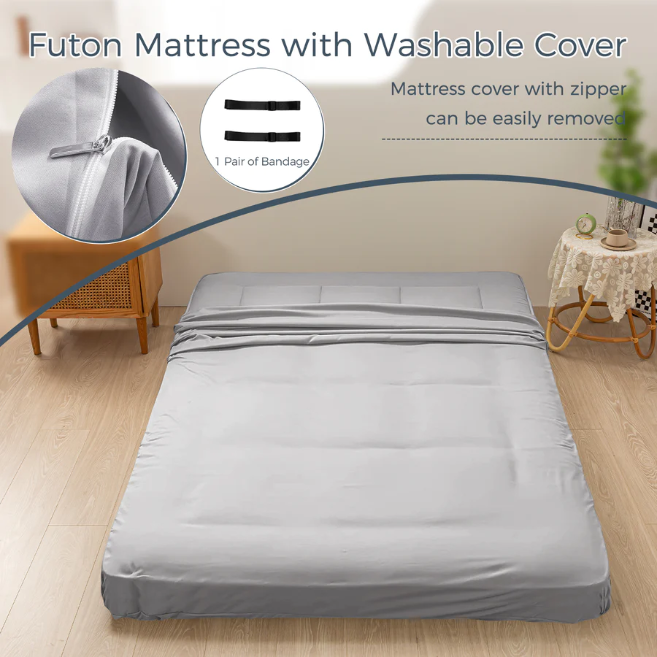 MAXYOYO Japanese Floor Mattress - Extra Thick Padded Tatami Mat for Sleeping & Lounging, Grey Style | Perfect for Guest Beds, Meditation, Yoga & Small Space Living