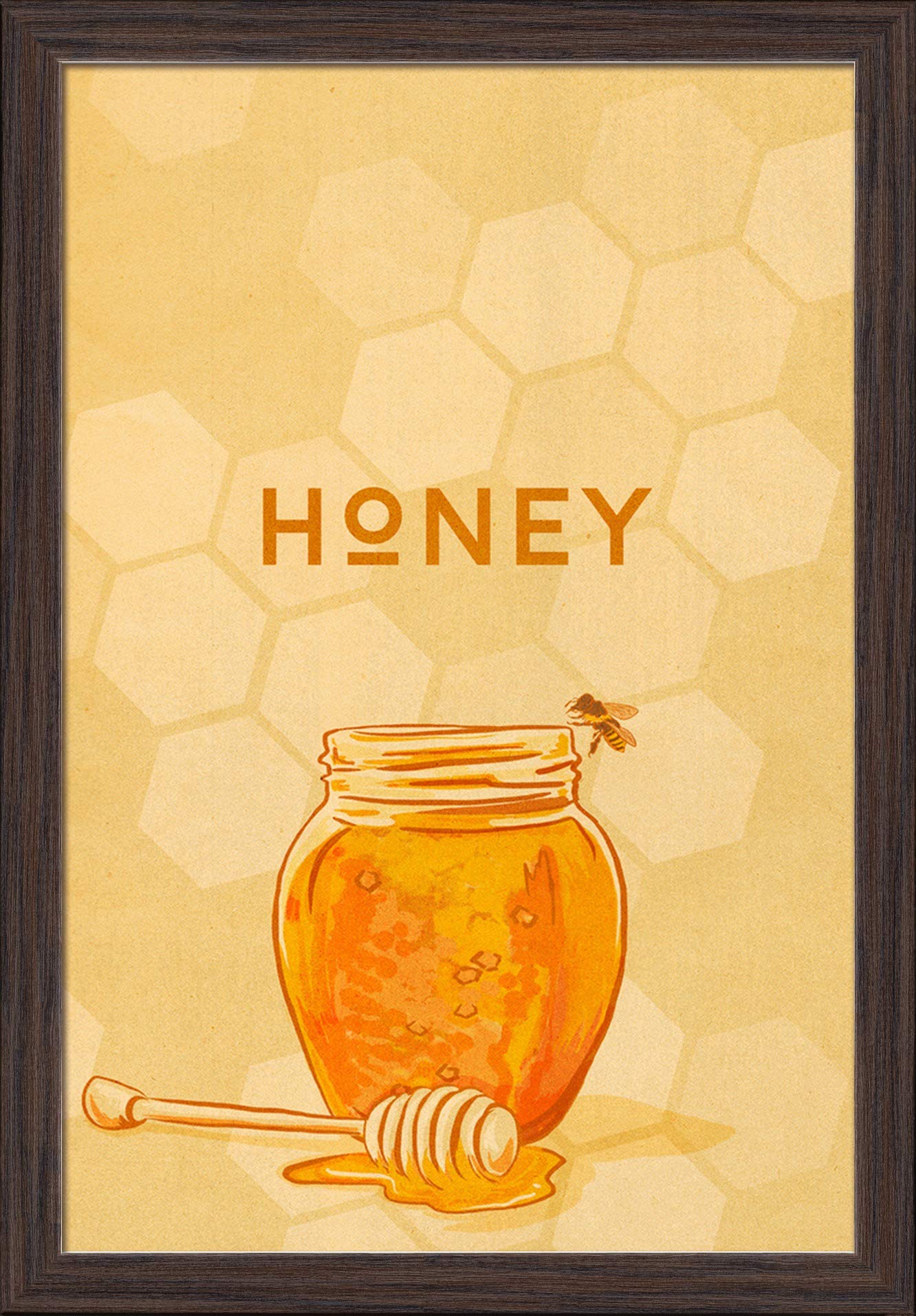 Honey Jar Letterpress Art Print - 16x24 Giclee Fine Art with Recycled Wood Frame in Espresso Brown - Perfect for Kitchen Decor, Farmhouse Style Home, and Gift Giving