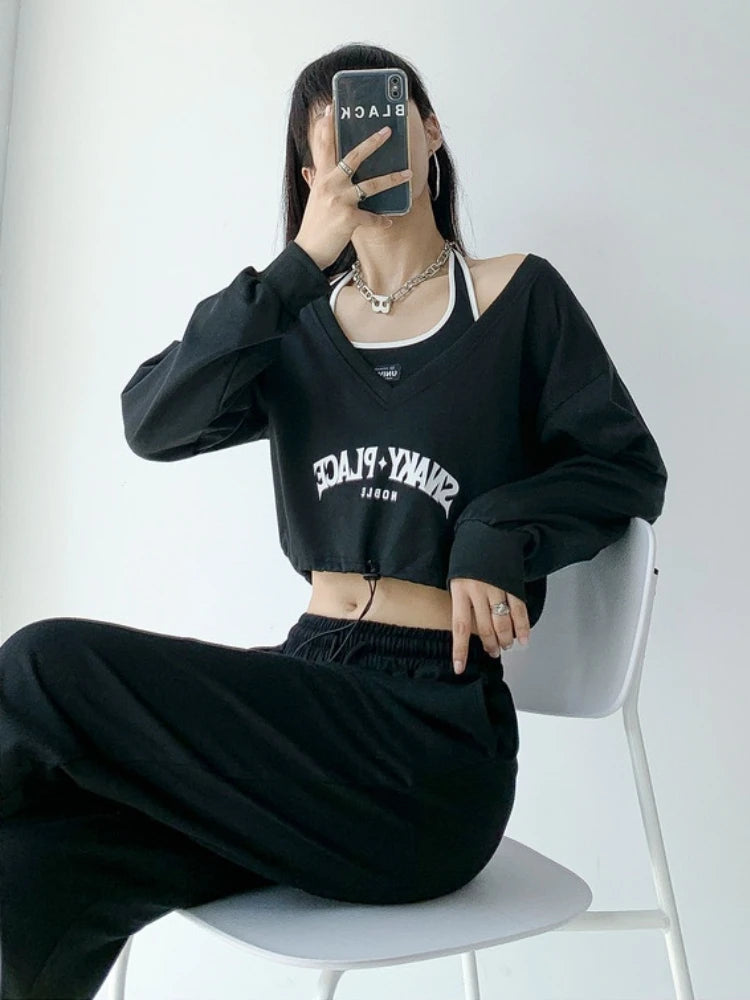 Vintage American Retro School Halter Crop Top for Women - Sexy Off Shoulder Long Sleeve Casual Tee | Perfect for Date Night, Music Festivals & Streetwear Fashion