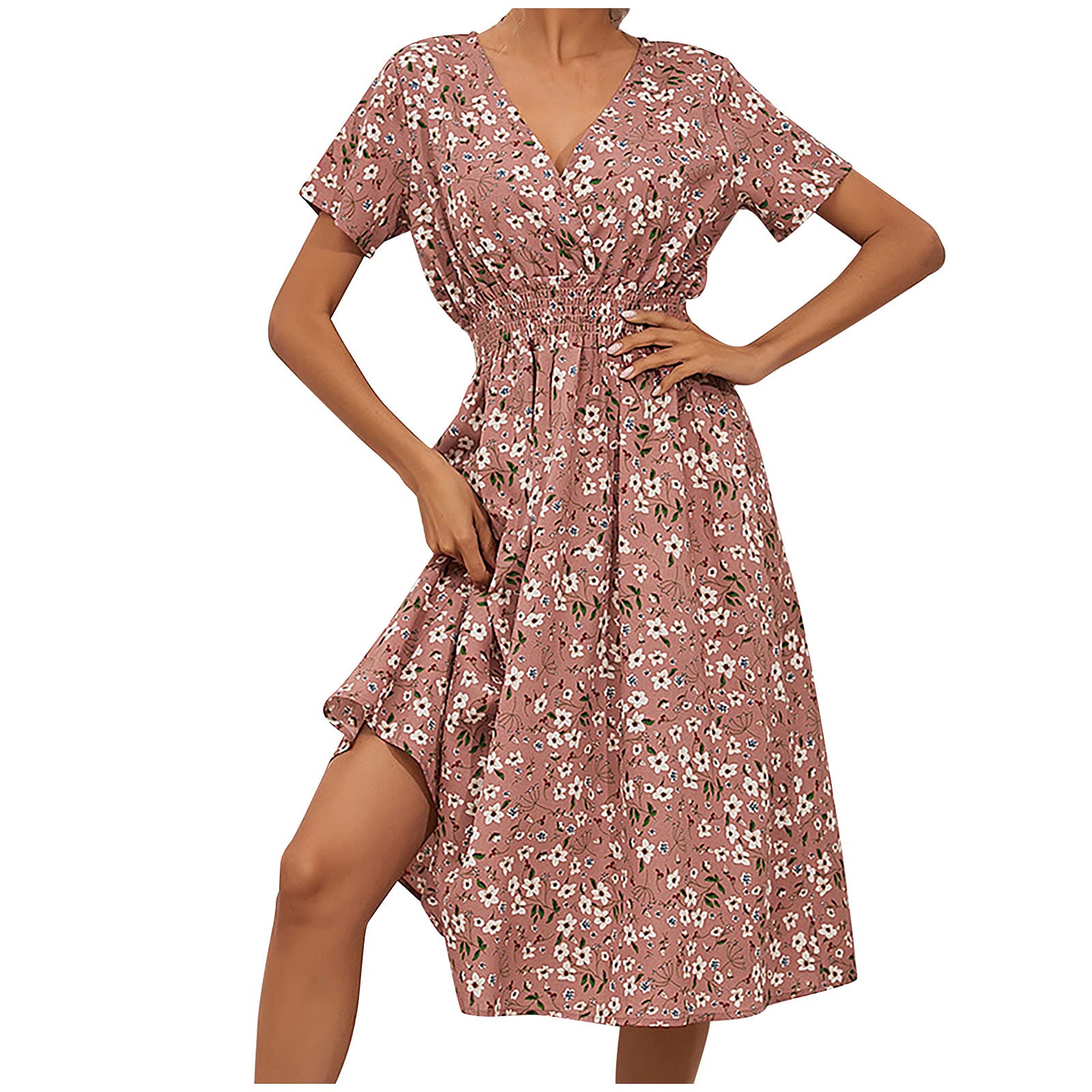 Women's Floral Midi Dress - V Neck Short Sleeve Summer Dress with Elastic Waist & Smocked A-Line Design | Perfect for Beach Vacations, Garden Parties & Casual Outings