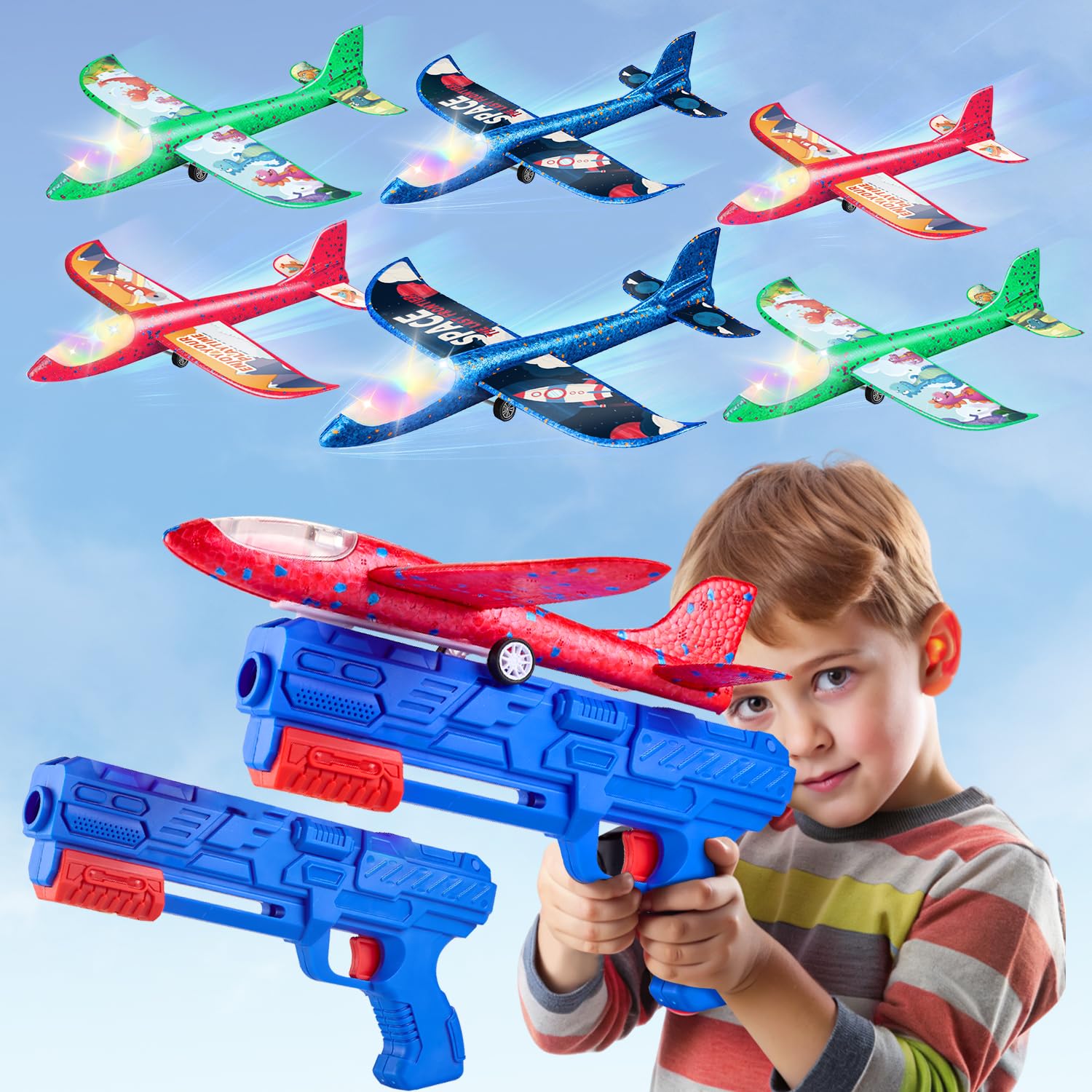 6 Pack LED Foam Airplane Launcher Toys for Kids - 2 Flight Mode Glider Planes, Outdoor Flying Toys for Boys & Girls Ages 3-12 - Perfect Birthday Gift & Educational STEM Toy for Backyard Play, Park Activities and Family Fun