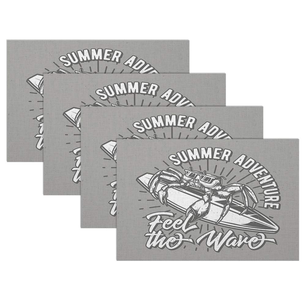 Swono Summer Crab Placemat Set of 4 - Waterproof Oilproof 12x18 Inch Table Mats with Abstract Surfing Crab Design for Dining Table & Kitchen Decor | Perfect for Beach House, Summer Parties & Coastal Themed Home