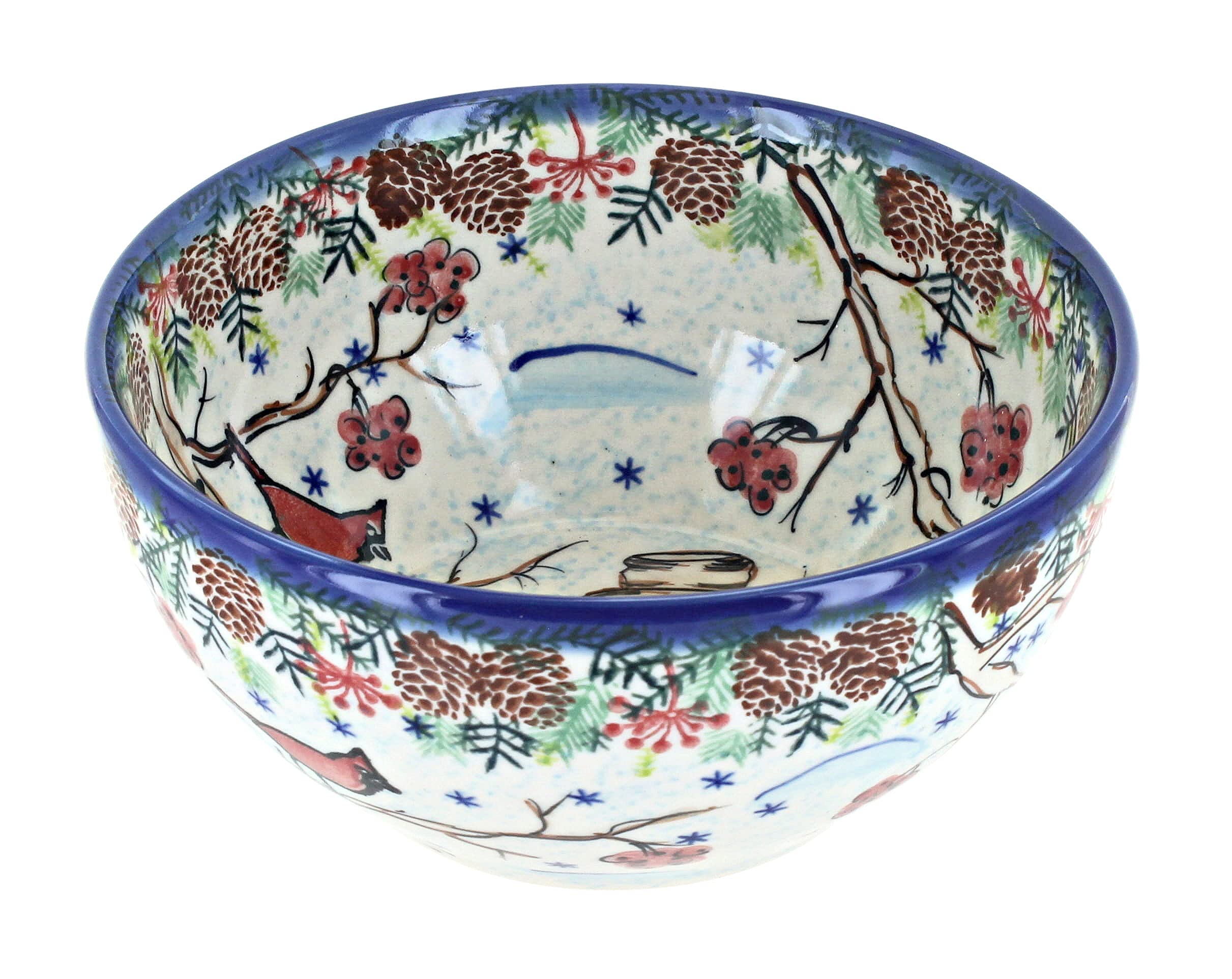 Handmade Blue Rose Polish Pottery Snowman Bowl - Perfect for Cereal, Soup & Desserts - Charming Winter Tableware for Holidays & Gifts