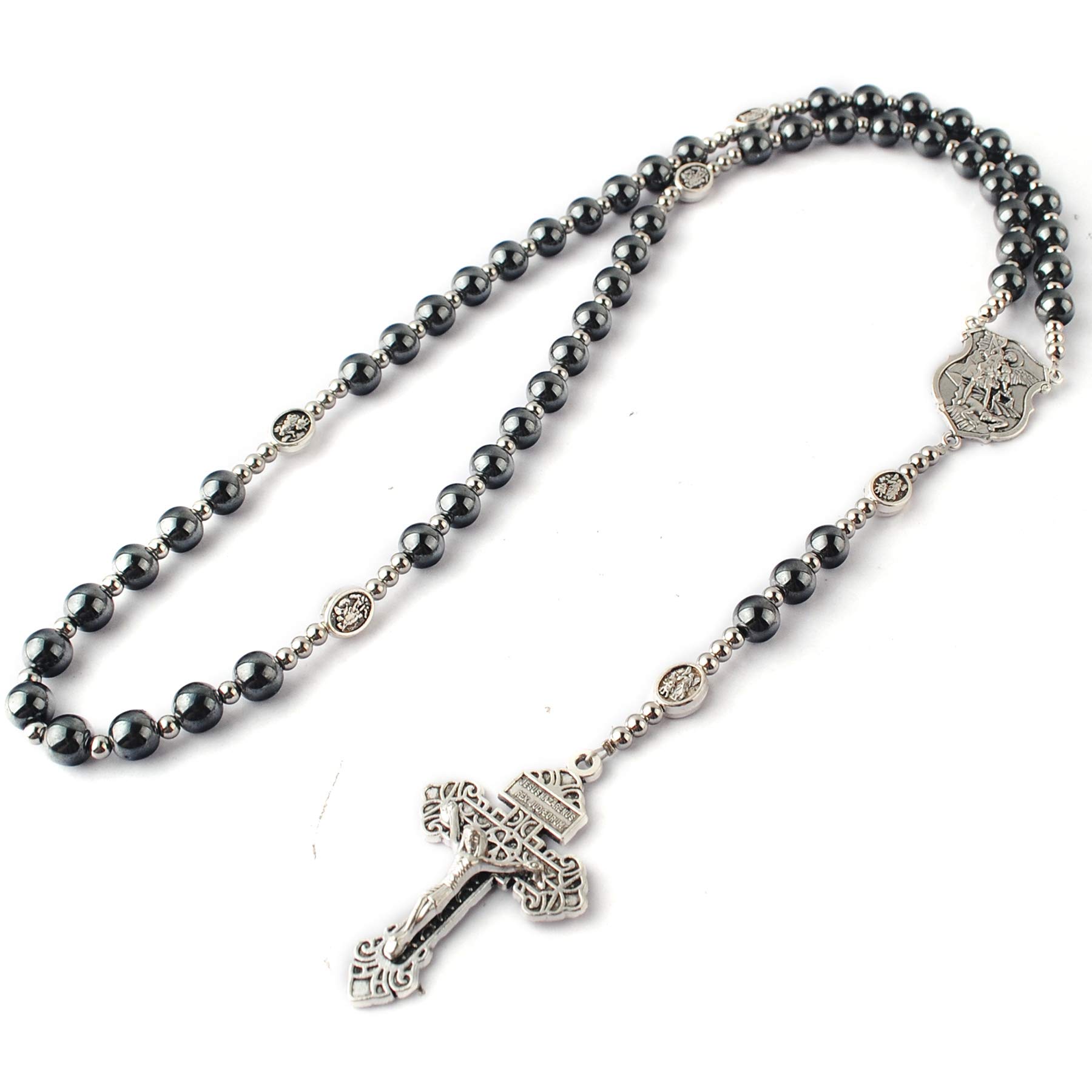 8mm Hematite Rosary Necklace with 4mm Stainless Steel Beads & St. Benedict Medal - Unisex Catholic Prayer Jewelry for Men & Women - Perfect for Daily Devotion, Religious Gifts, and Spiritual Protection