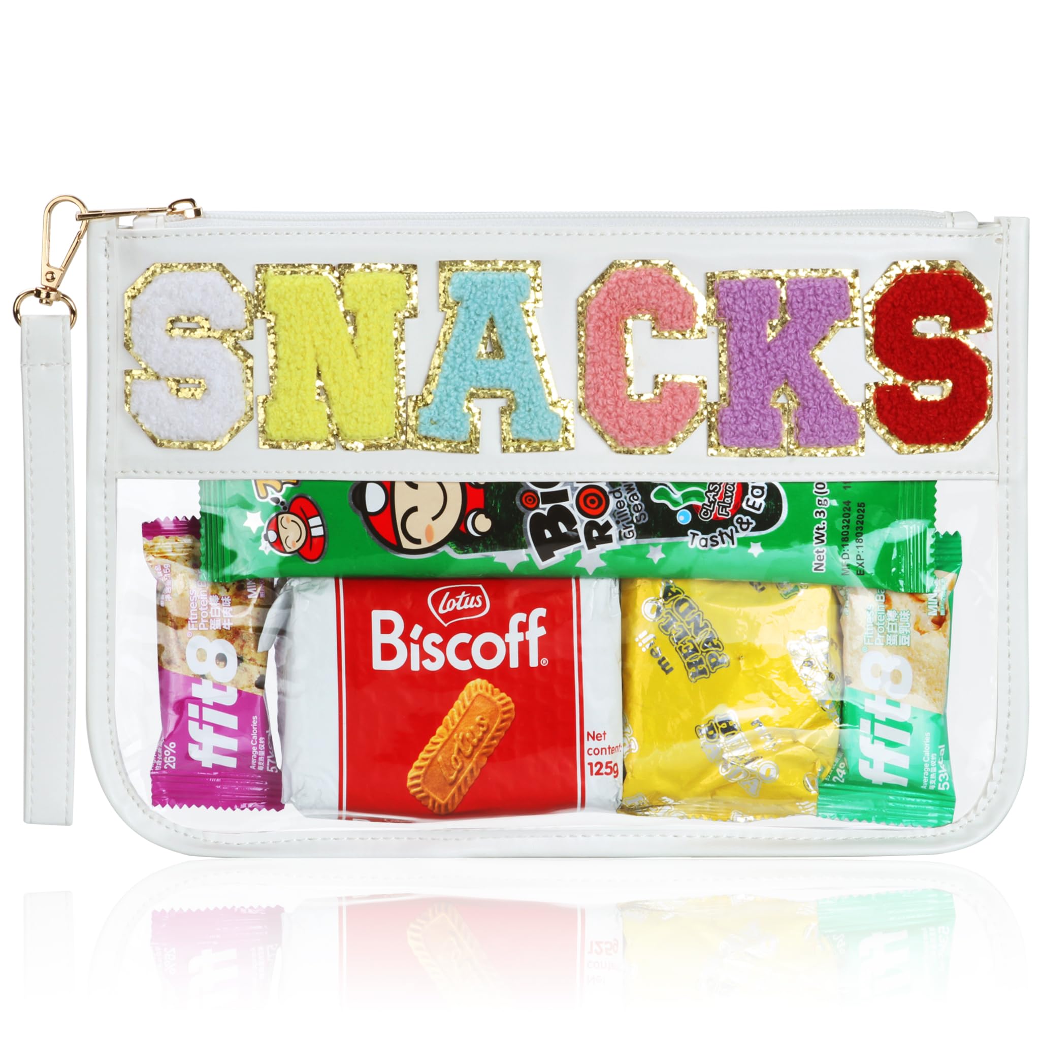 Clear Zippered Snack Bag for Travel - Waterproof PVC & PU Cosmetic Pouch with Varsity Chenille Letter Patch | Preppy Makeup & Toiletry Organizer for Women & Girls (White) - Perfect for School, Gym, Beach & Daily Essentials Storage