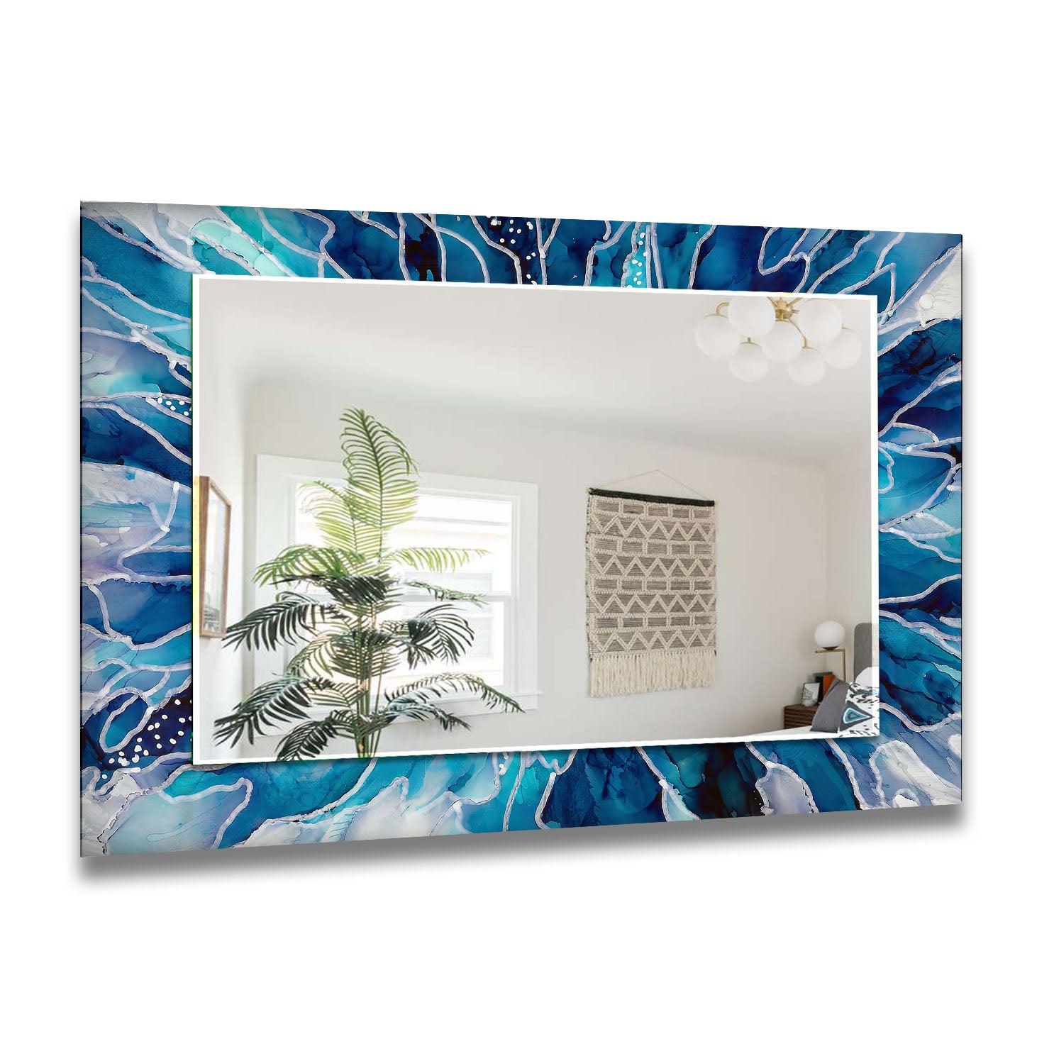 Vintage Blue and White Cracked Wall Mirror - Decorative Distressed Mirror for Boho Home Decor, Living Room, Bedroom, or Entryway