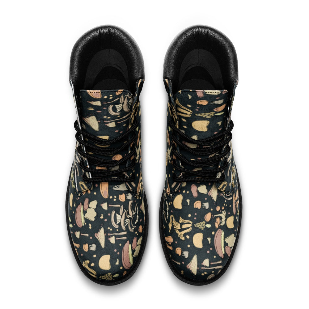 Vintage Faux Leather Combat Boots with Retro Mushroom Print - Stylish Punk Ankle Boots for Women, Perfect for Fall Fashion, Concerts & Streetwear Outfits