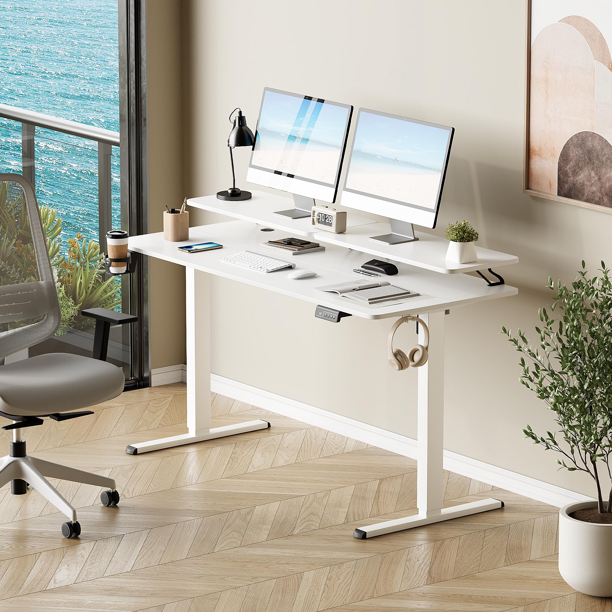 Furmax 55 x 24 Inches Electric Height Adjustable Standing Desk with Monitor & Laptop Workstation - Sit Stand Up Computer Desk with Cable Management Holes, Cup Holder & Hook, White - Perfect for Home Office, Gaming Setup & Remote Work