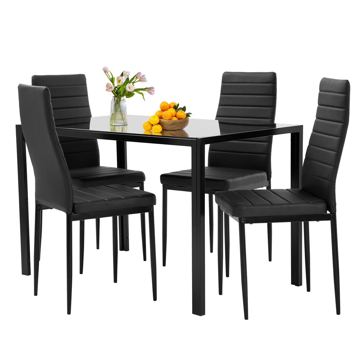Modern Black Rectangular Glass Dining Table Set for 4 - Space-Saving Kitchen & Dining Room Furniture with Chairs for Small Homes & Apartments | Perfect for Family Meals, Dinner Parties & Compact Living Spaces