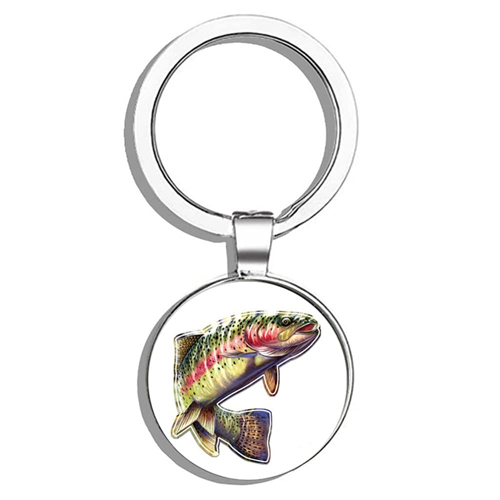 Vibrant Rainbow Trout Full Color Metal Keychain - Durable Round Key Ring for Fishing Enthusiasts, Perfect for Keys, Backpacks, and Outdoor Adventures