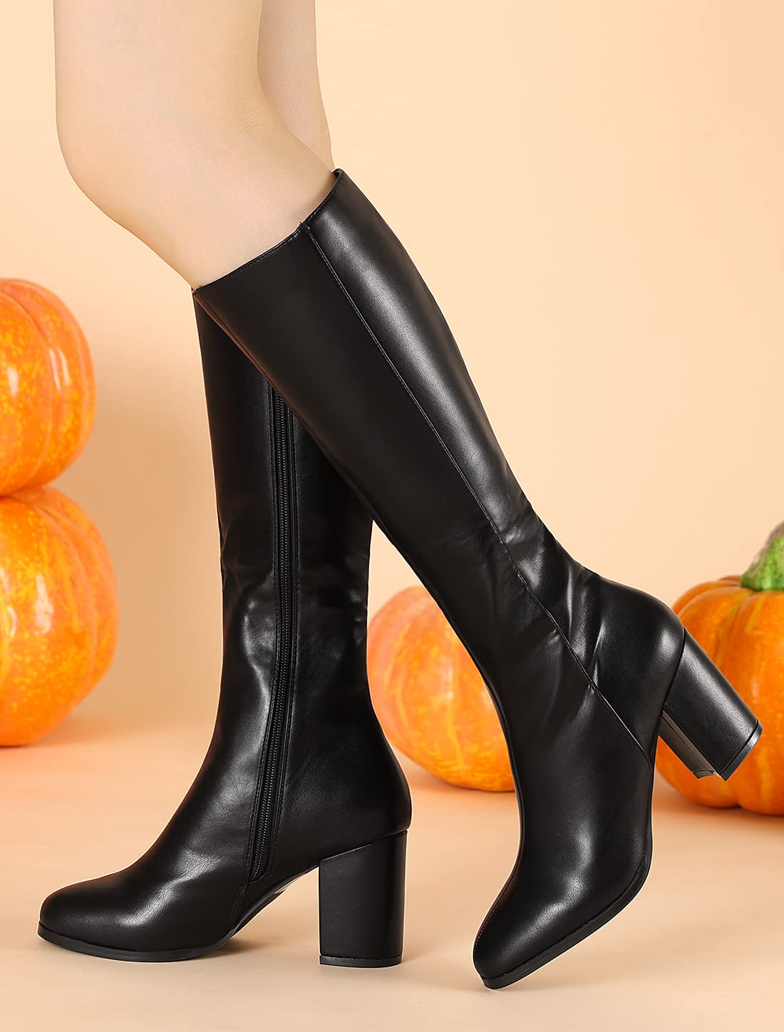 Allegra K Women's Knee High Boots with Round Toe & Zip Closure - Chunky Block Heels for Comfort & Style | Perfect for Office, Date Night & Fall Fashion