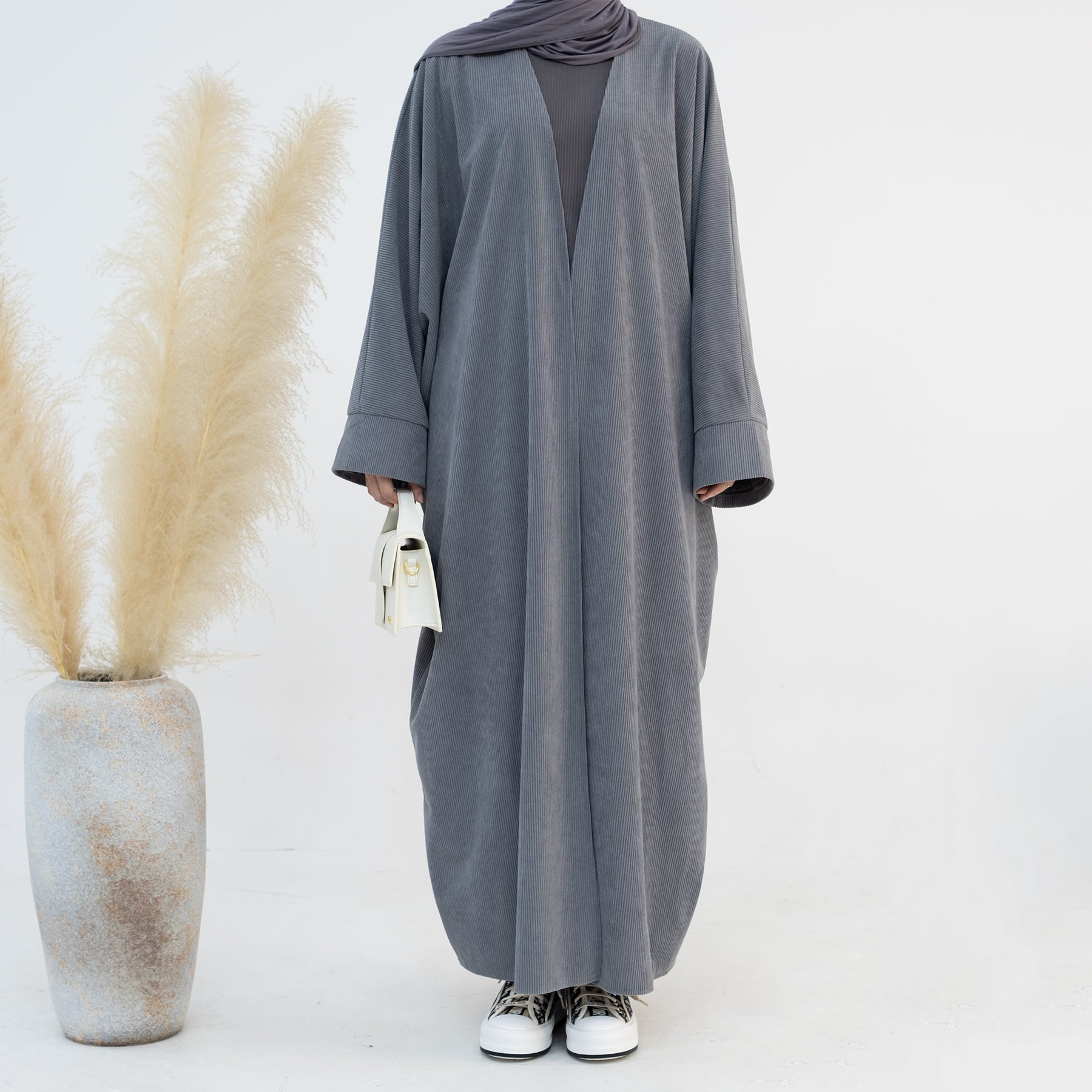 Melissa Corduroy Autumn Duster Coat - Gray | Women's Longline Fall Jacket for Casual Outfits & Layering