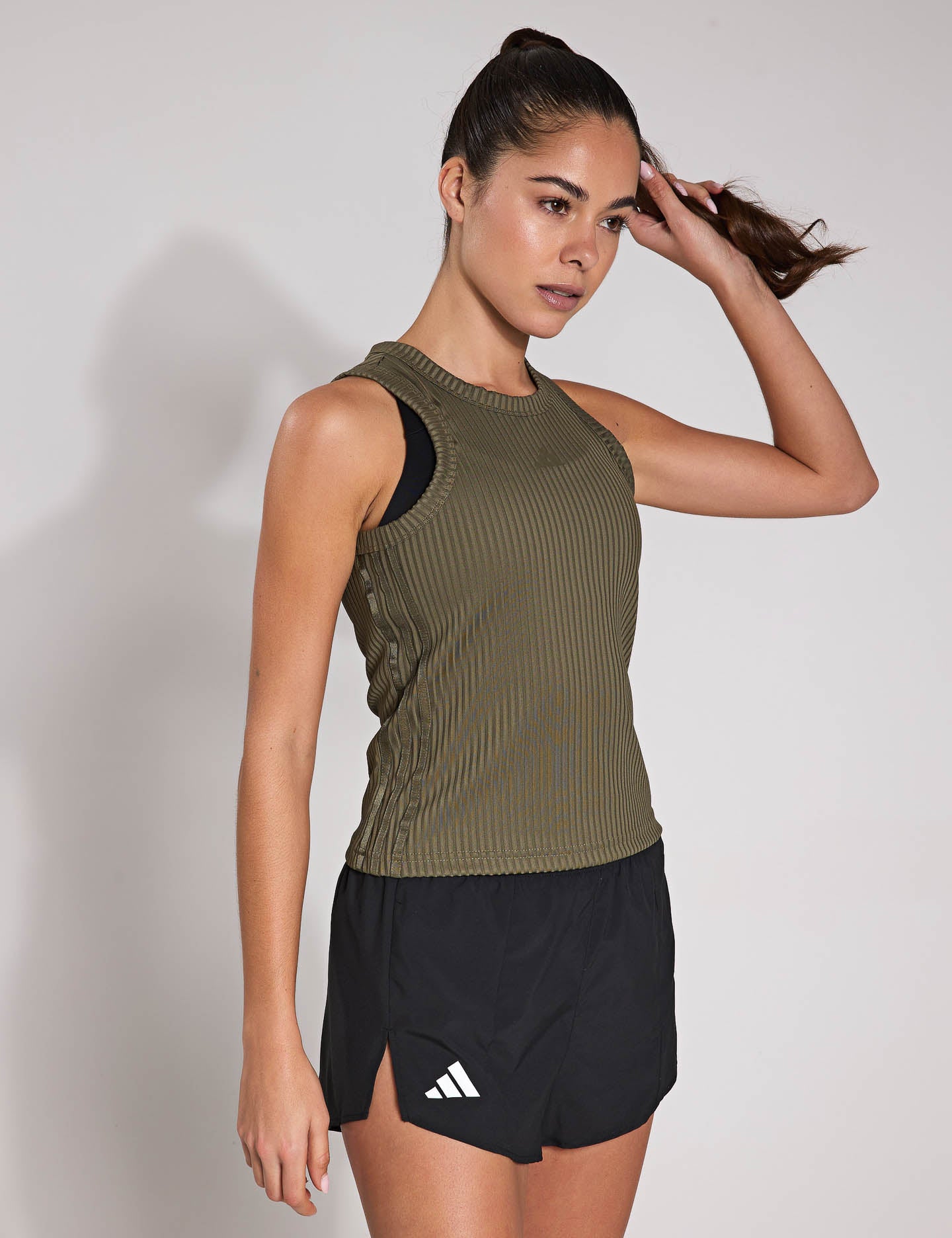 Gym Ribbed Tight Fit Tonal 3-Stripe Tank Top for Women - Olive Strata Color | Workout, Yoga & Running Activewear