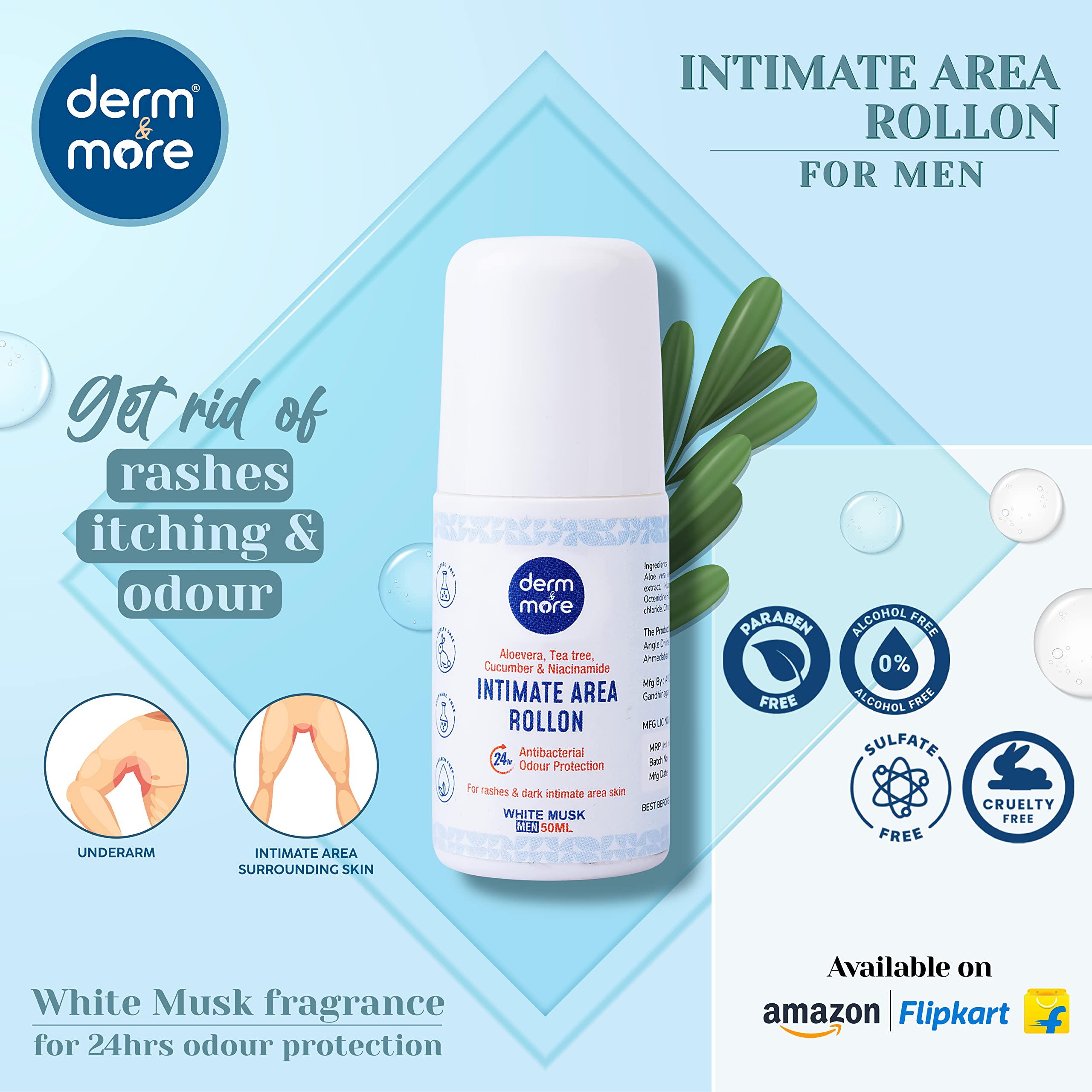 Derm & More Men's Intimate Roll-On Deodorant for Sensitive Skin - Cucumber & Aloe Vera Formula (50ml) - Fresh & Gentle Protection for Underarms & Intimate Areas - Ideal for Daily Use, Gym, Travel & Active Lifestyle