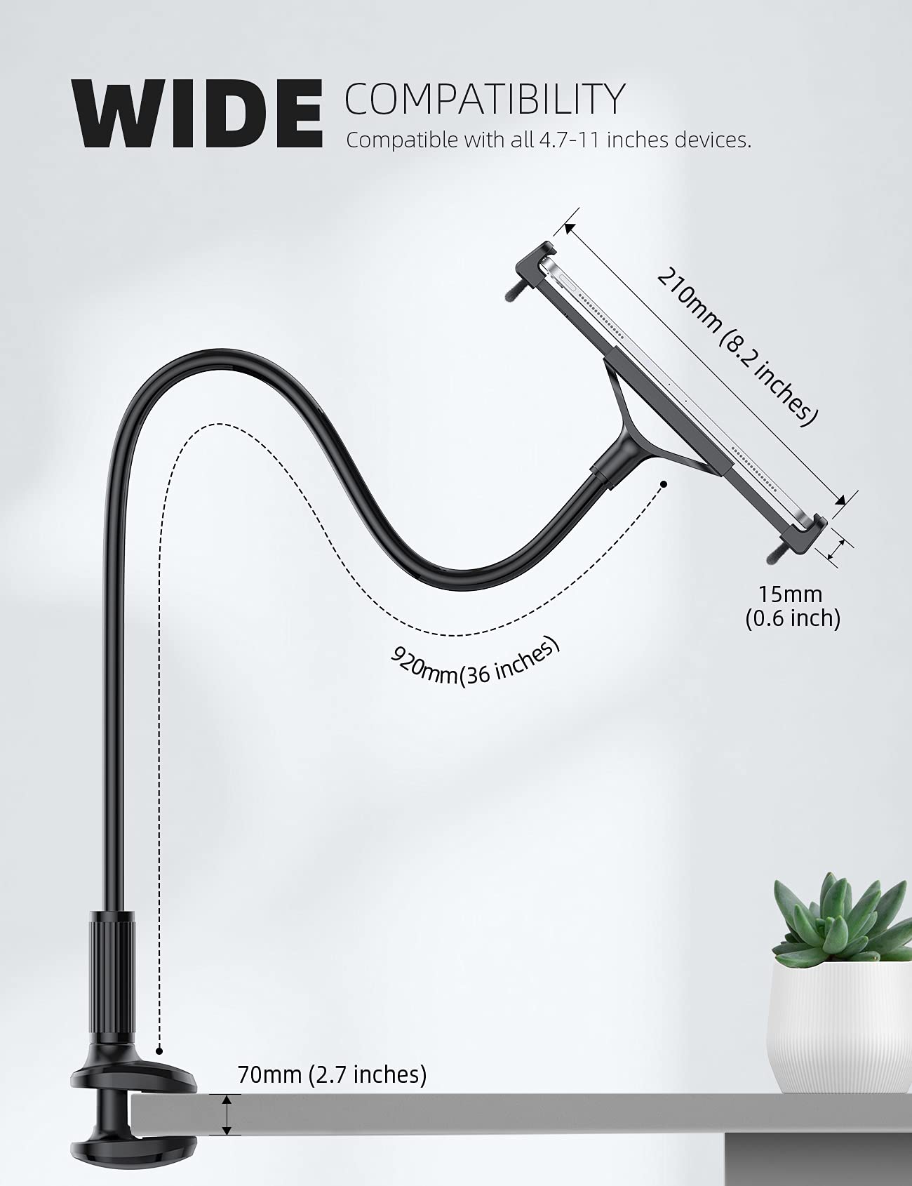 Lamicall Adjustable Gooseneck Tablet Holder for Bed - Flexible Tablet Stand with Clamp Compatible with iPad Mini 7.9