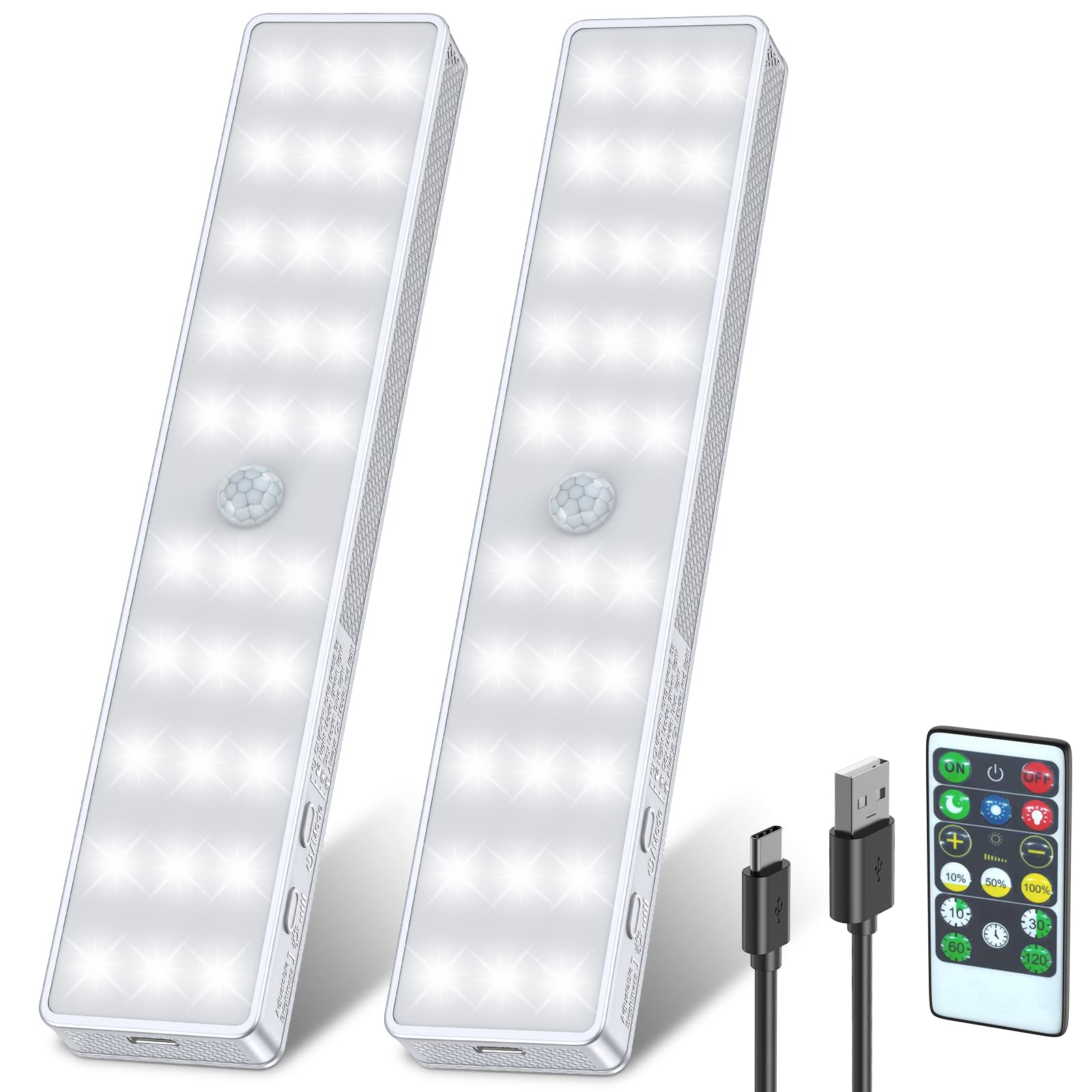 USB Rechargeable LED Closet Light with Motion Sensor & Remote Control - 30 LEDs Wireless Under Cabinet Lighting for Wardrobe, Kitchen, Hallway (2 Pack) - Perfect for Nighttime Safety & Convenient Storage Spaces