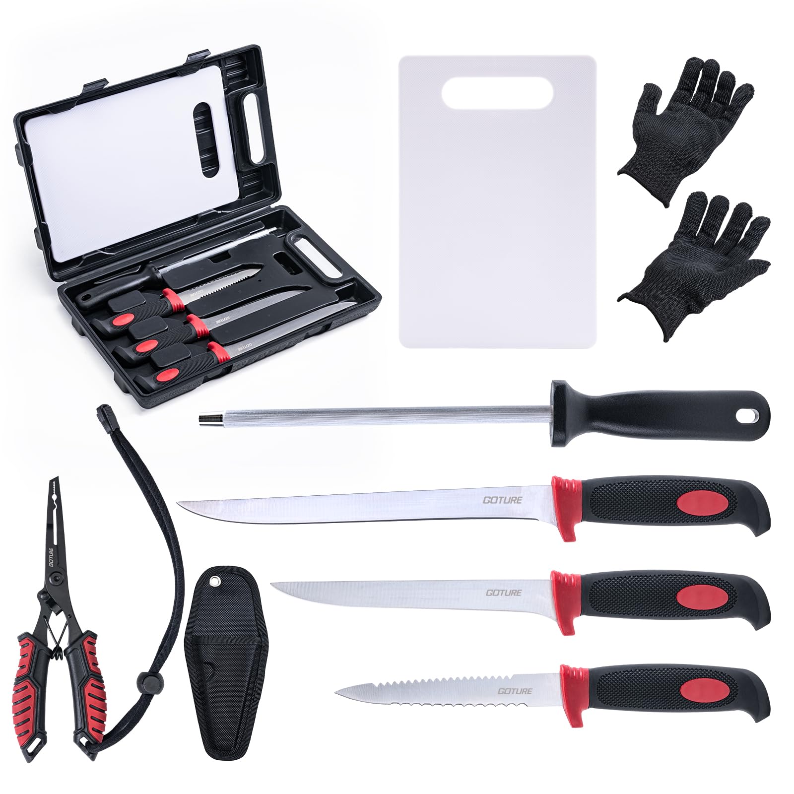 Goture Professional Fish Fillet Knife Set - 6 Inch Stainless Steel Blade Fishing Knife with Sheath, Fishing Pliers, Fish Cleaning Kit - Perfect for Outdoor Fishing, Camping, and BBQ Cooking